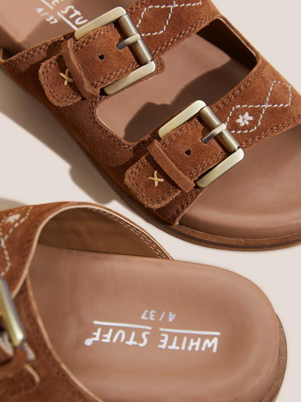 Suede Embroidered Sandals in TAN MULTI - FLAT DETAIL