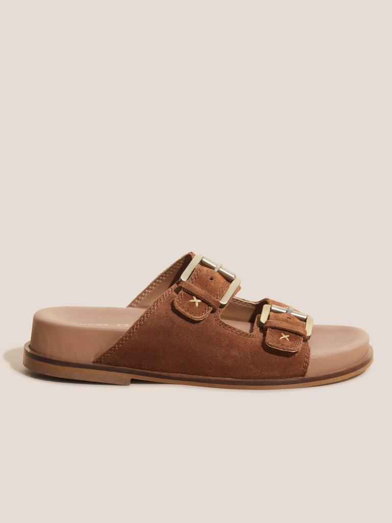 Suede Embroidered Sandals in TAN MULTI - FLAT FRONT