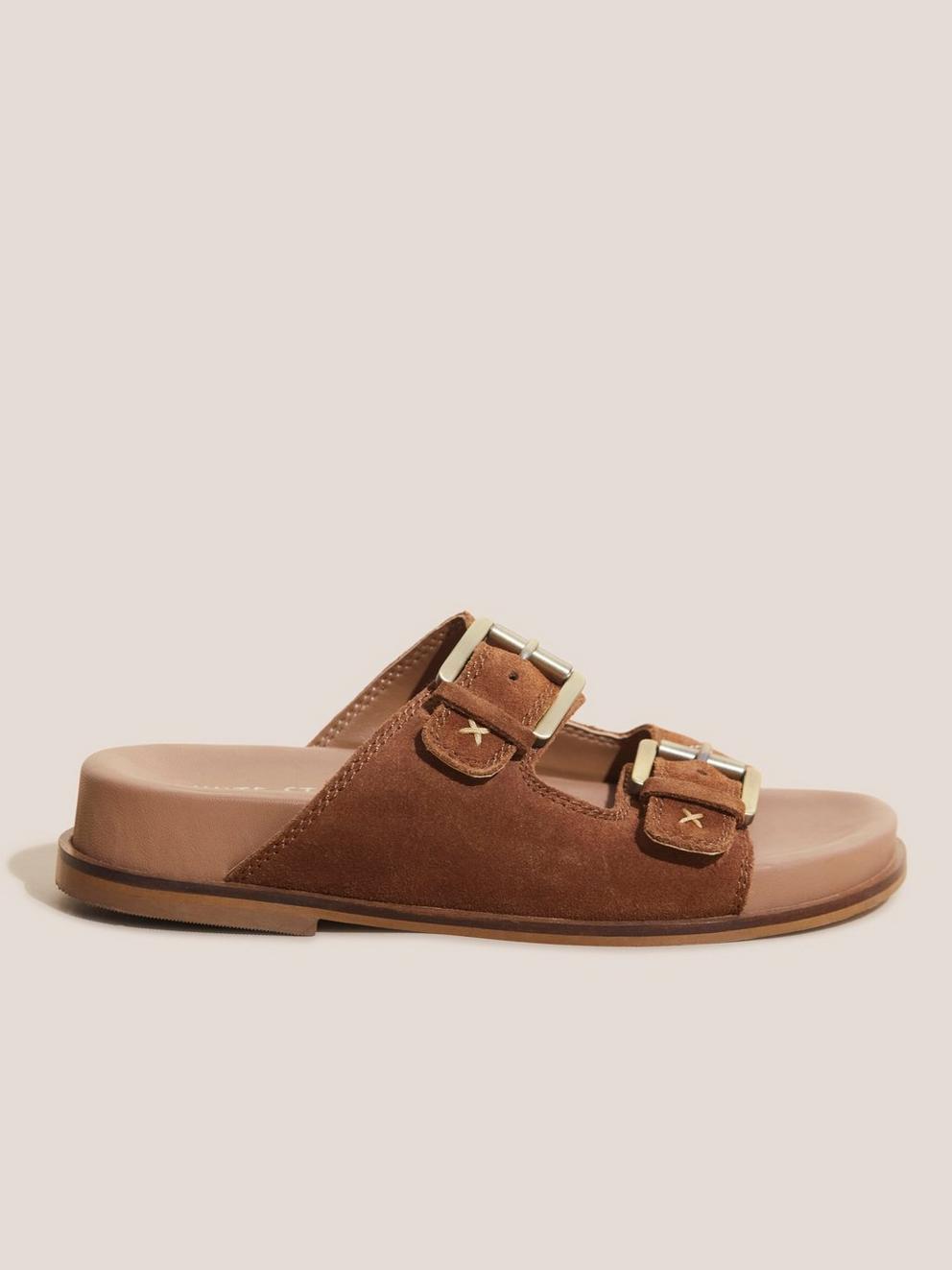 Suede Embroidered Sandals in TAN MULTI - FLAT FRONT