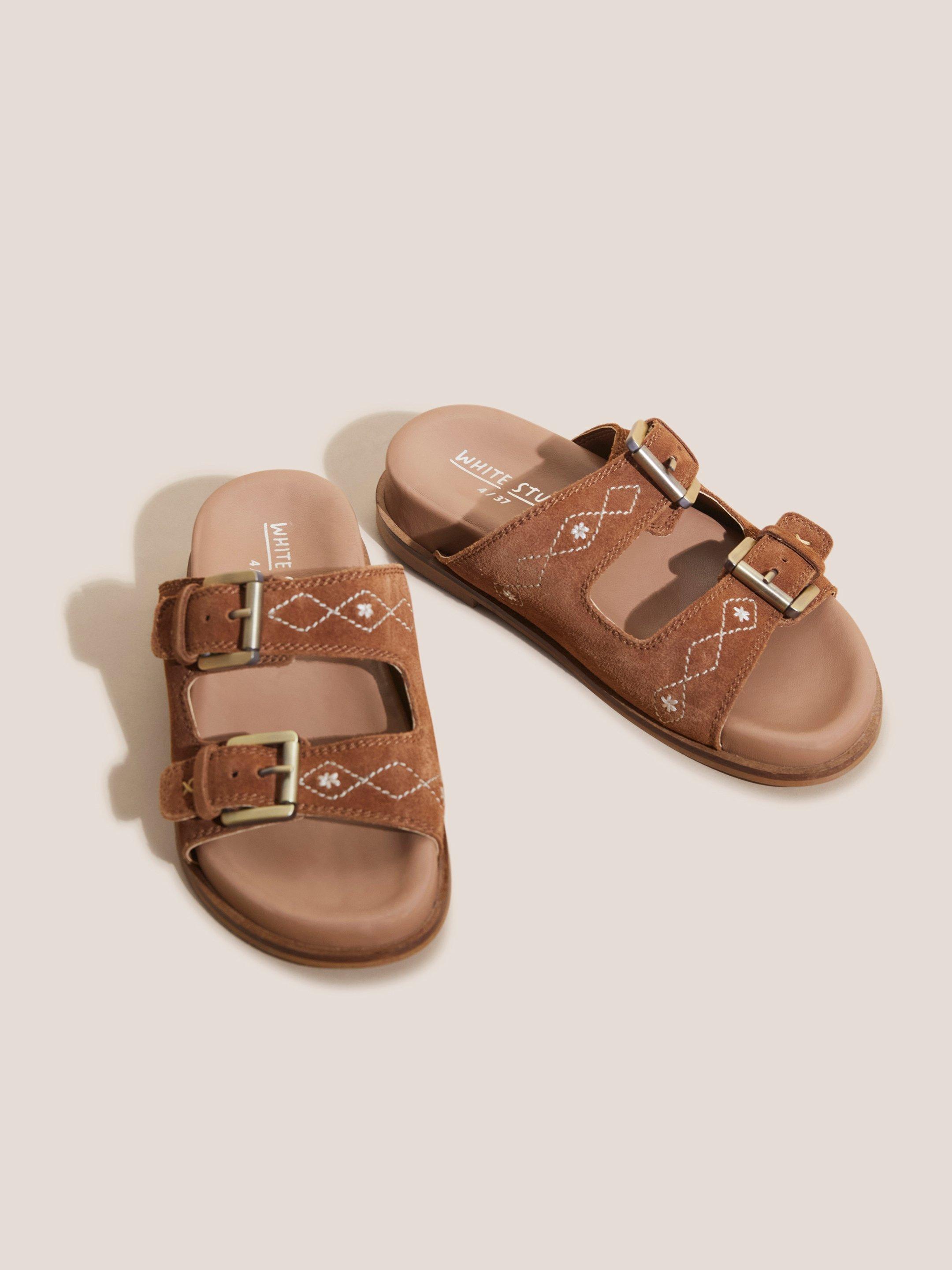 Suede Embroidered Sandals in TAN MULTI - MODEL FRONT