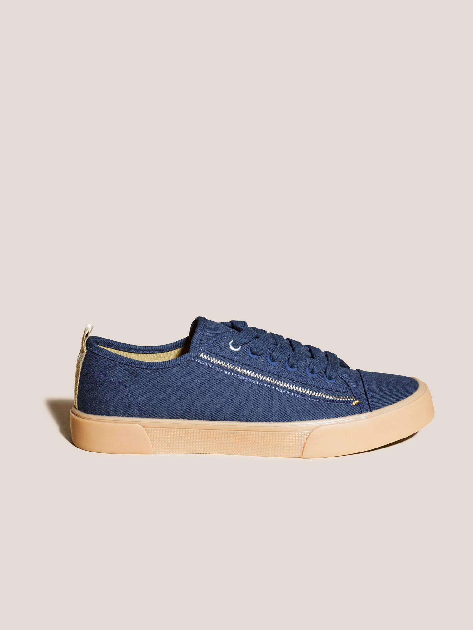 Canvas Lace Up Plimsolls in NAVY MULTI - MODEL FRONT