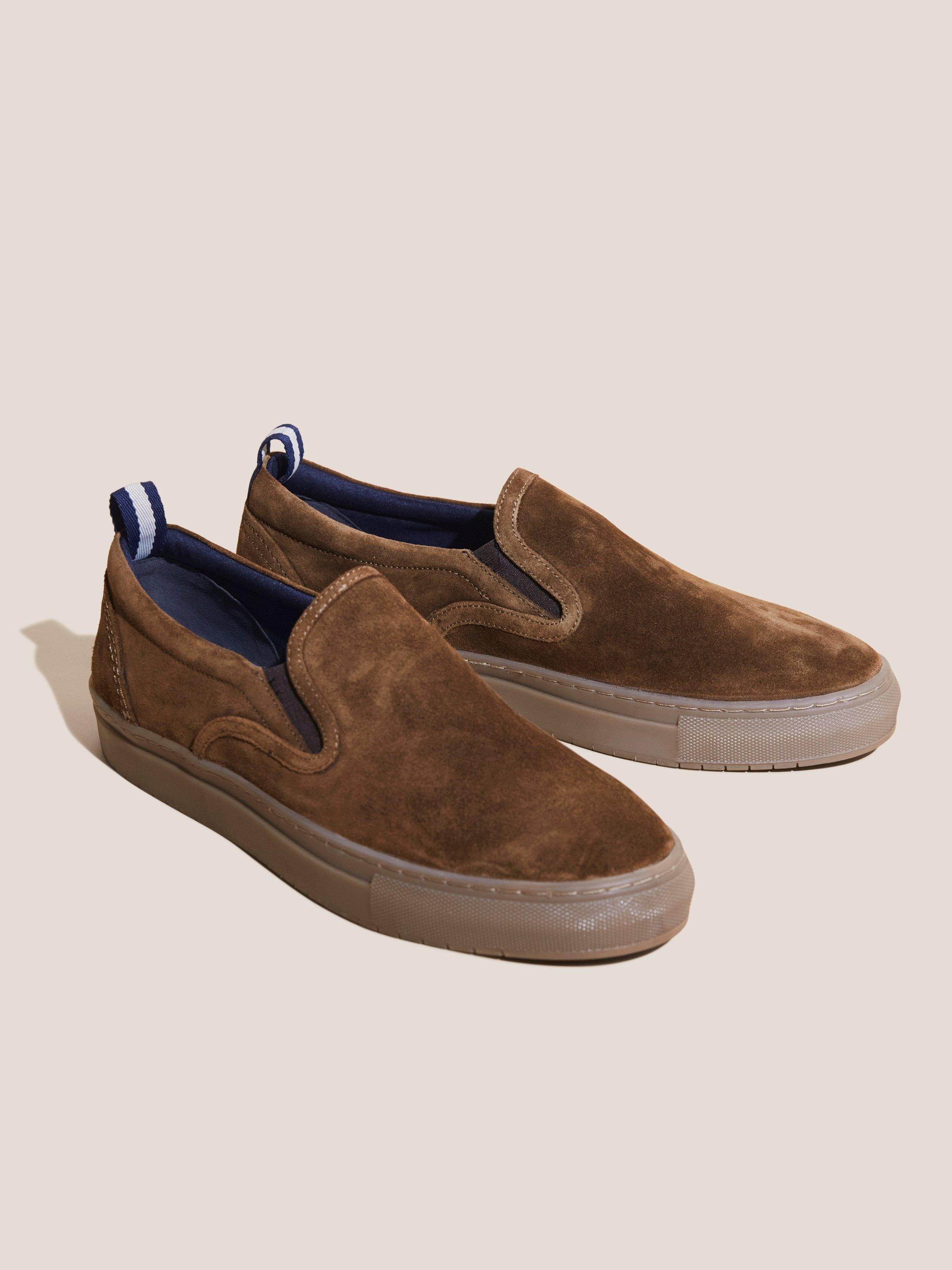 Suede Slip On Trainer in MID TAN - FLAT FRONT