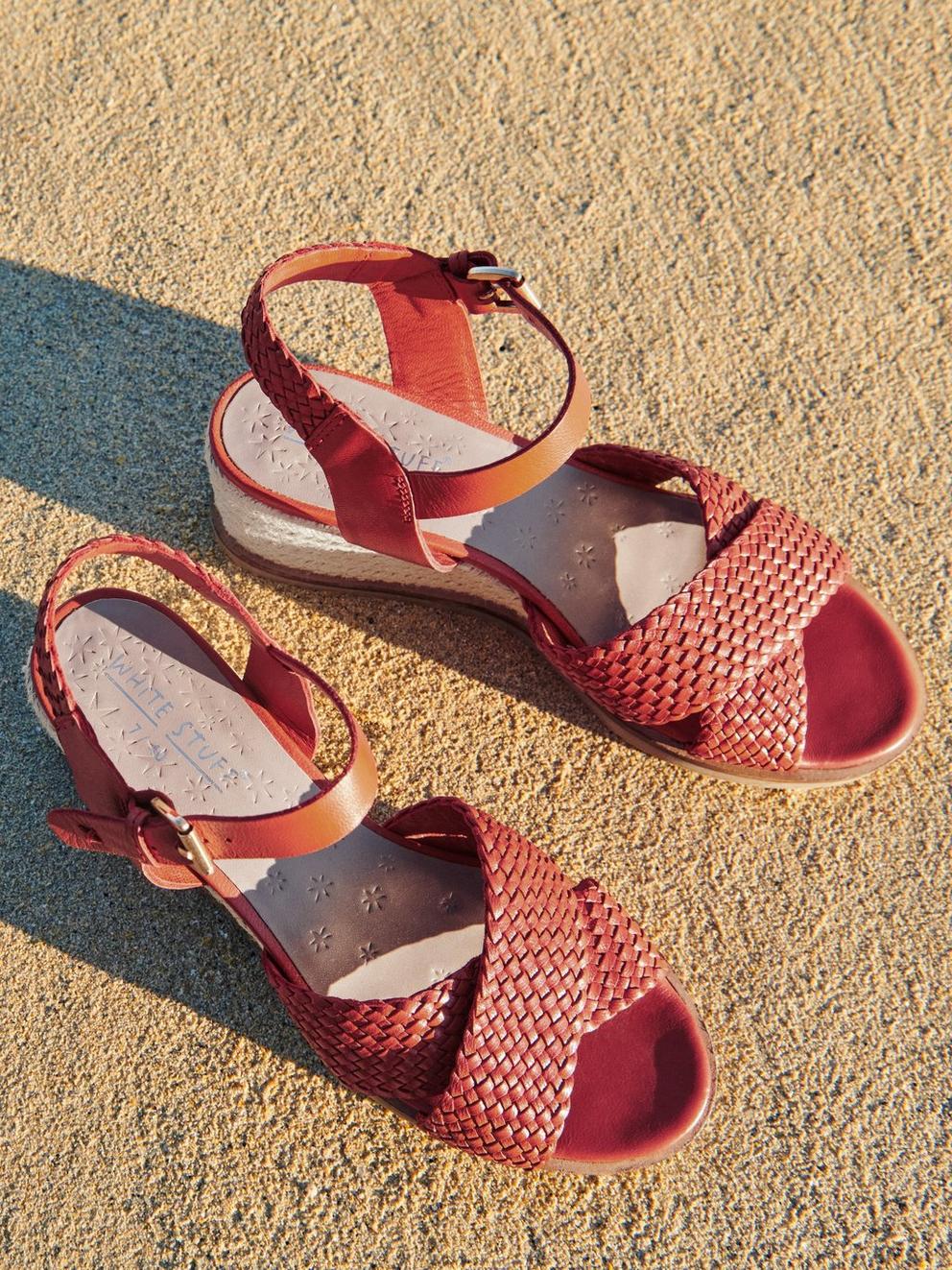 Leather Wedge Woven Sandal in BRT ORANGE - MODEL FRONT