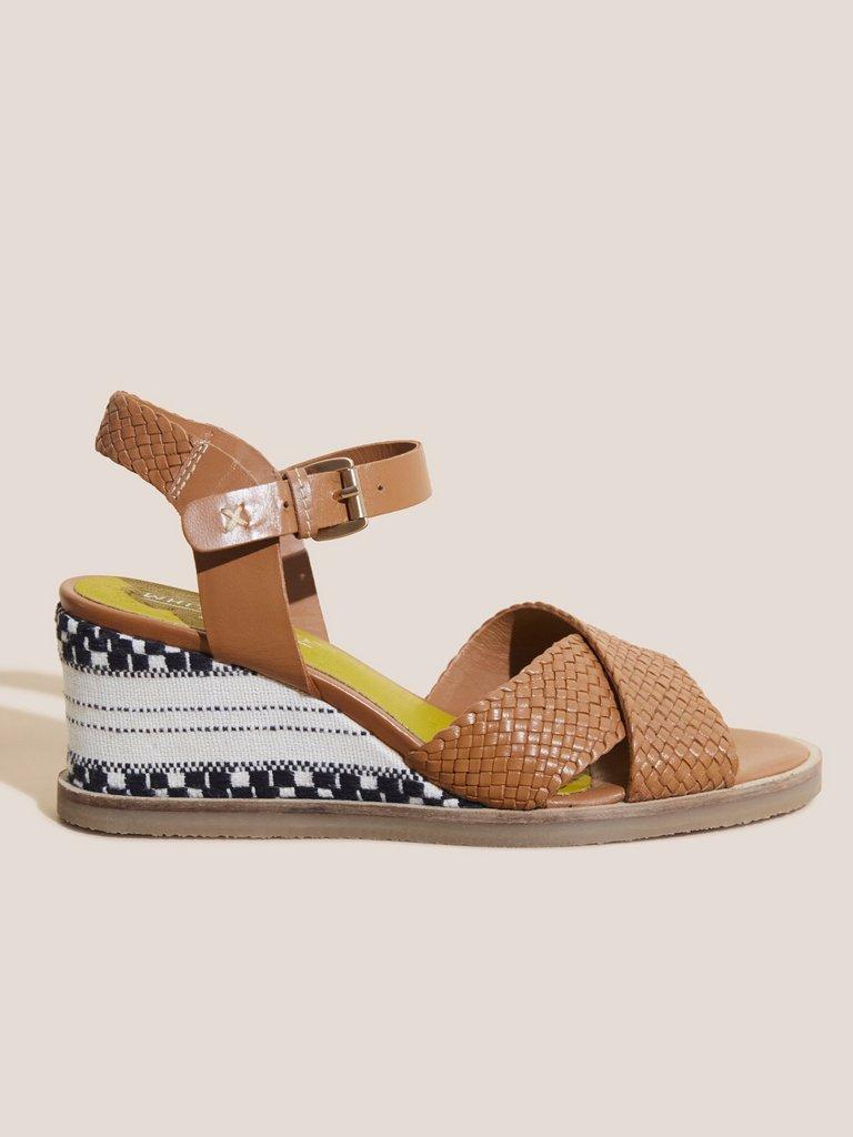 Leather Wedge Woven Sandal in MID TAN - MODEL FRONT