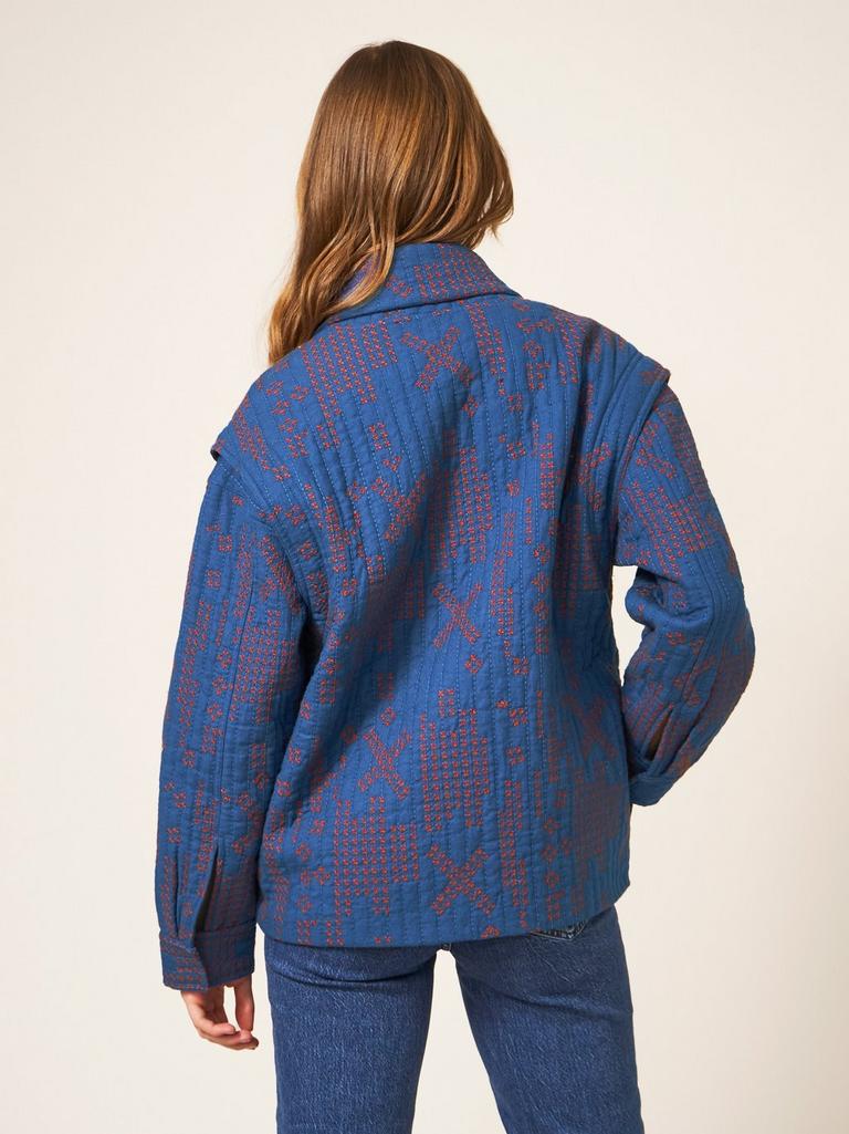 Della Cross Stitch Jacket in BLUE MLT - MODEL BACK
