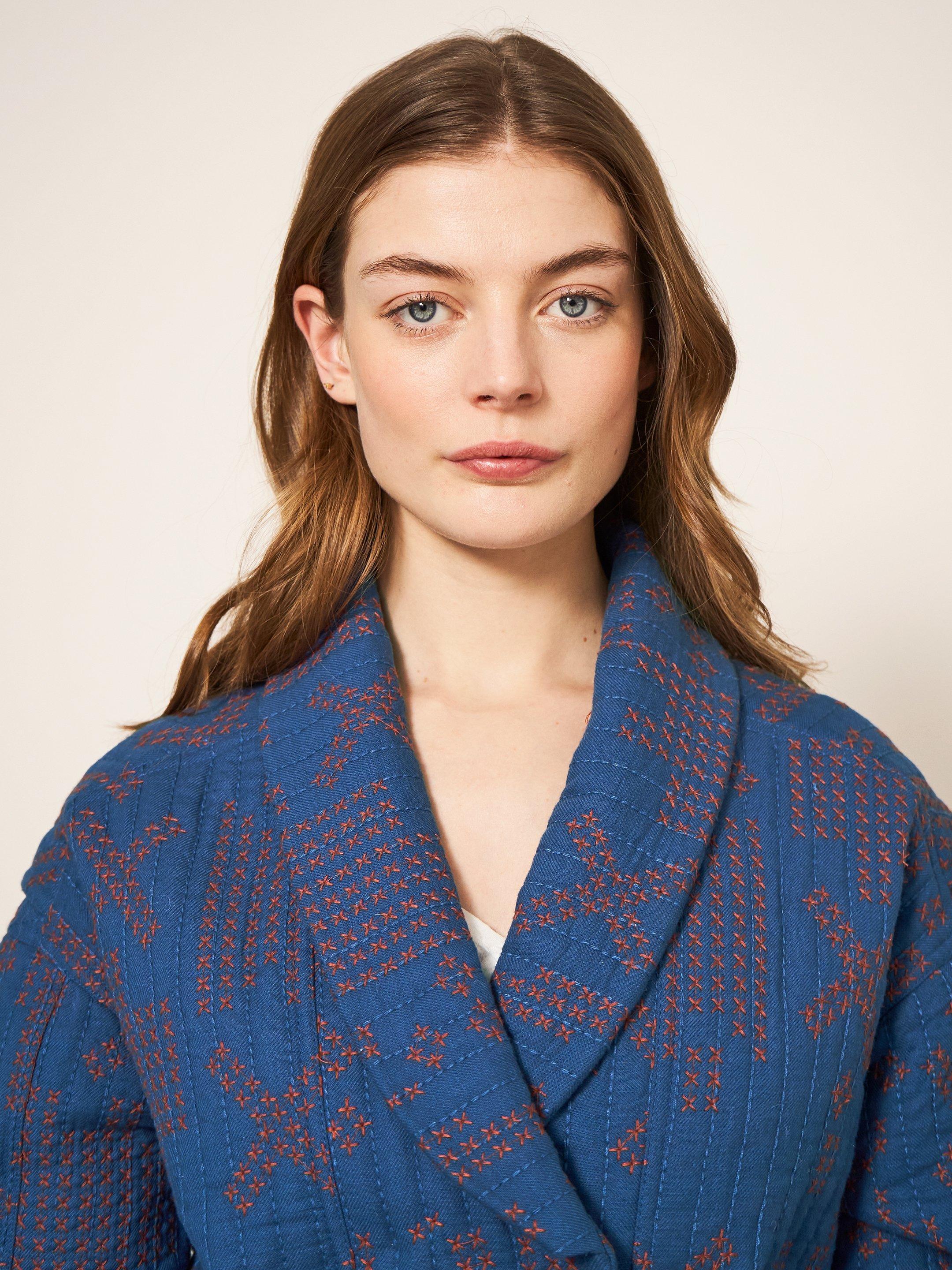 Della Cross Stitch Jacket in BLUE MLT - MODEL DETAIL