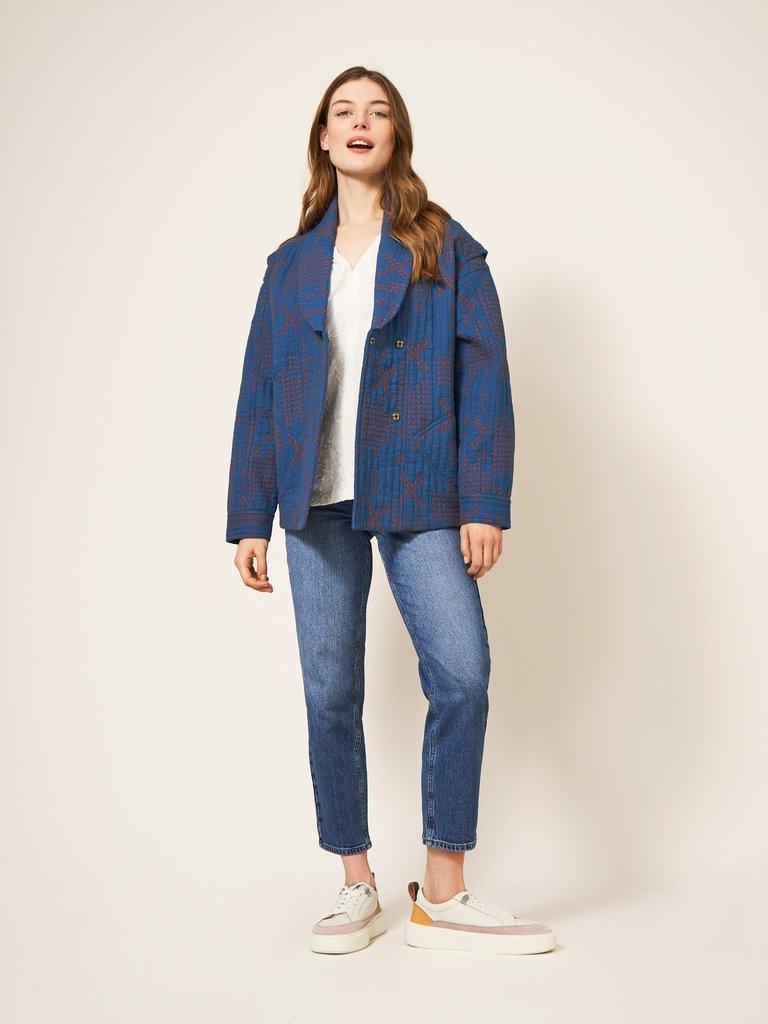 Della Cross Stitch Jacket in BLUE MLT - MODEL FRONT