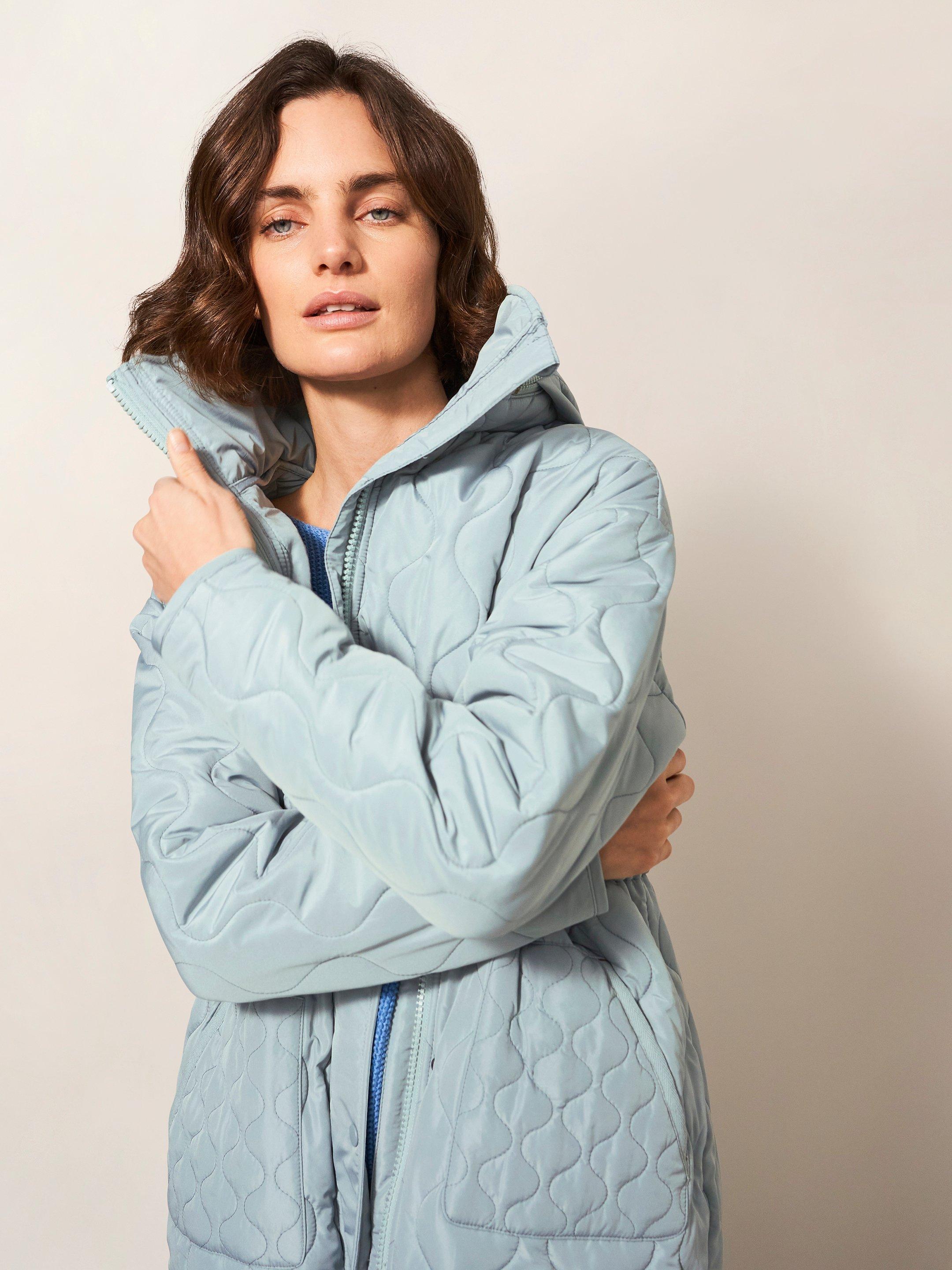 Maddison Quilted Coat in MID BLUE - MODEL DETAIL