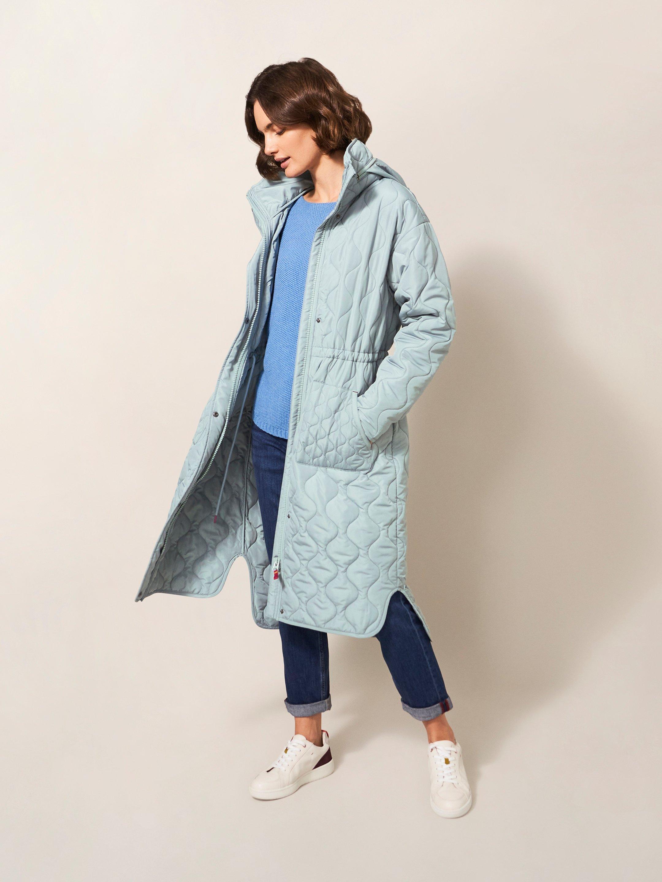 Maddison Quilted Coat in MID BLUE - MODEL FRONT