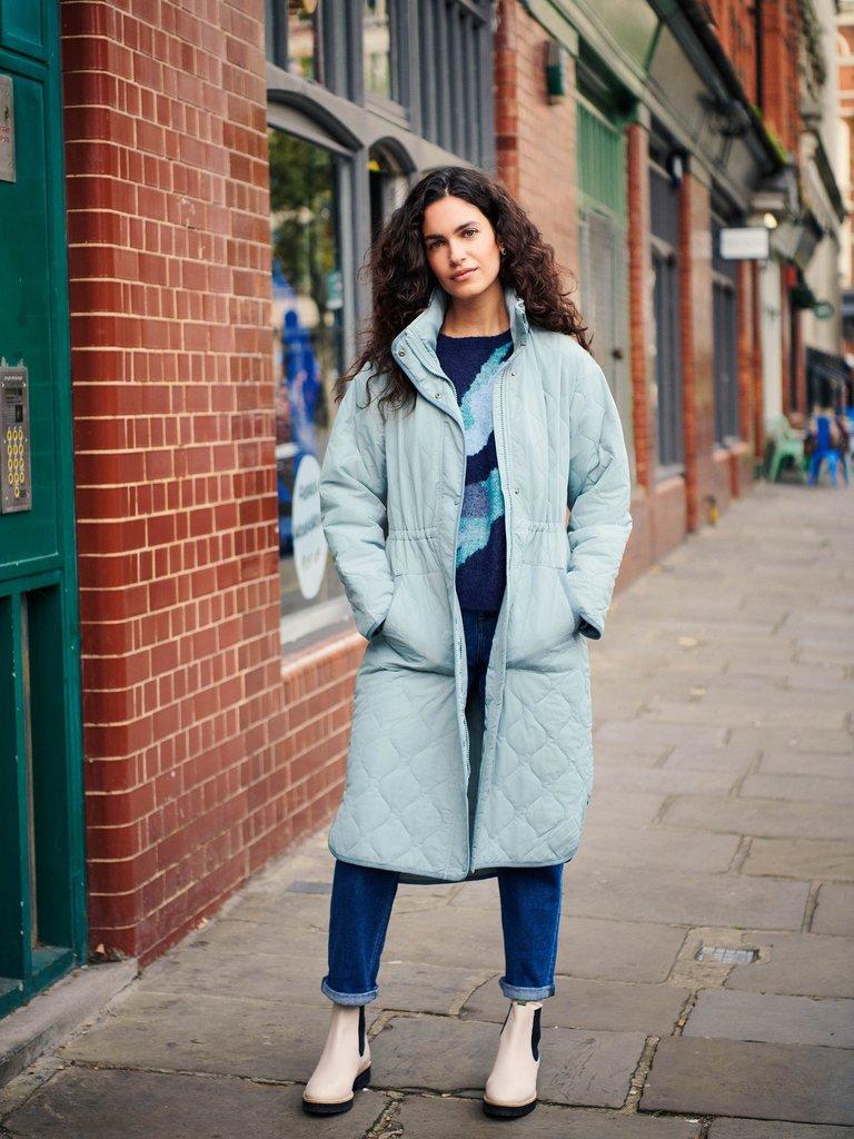 Maddison Quilted Coat in MID BLUE | White Stuff