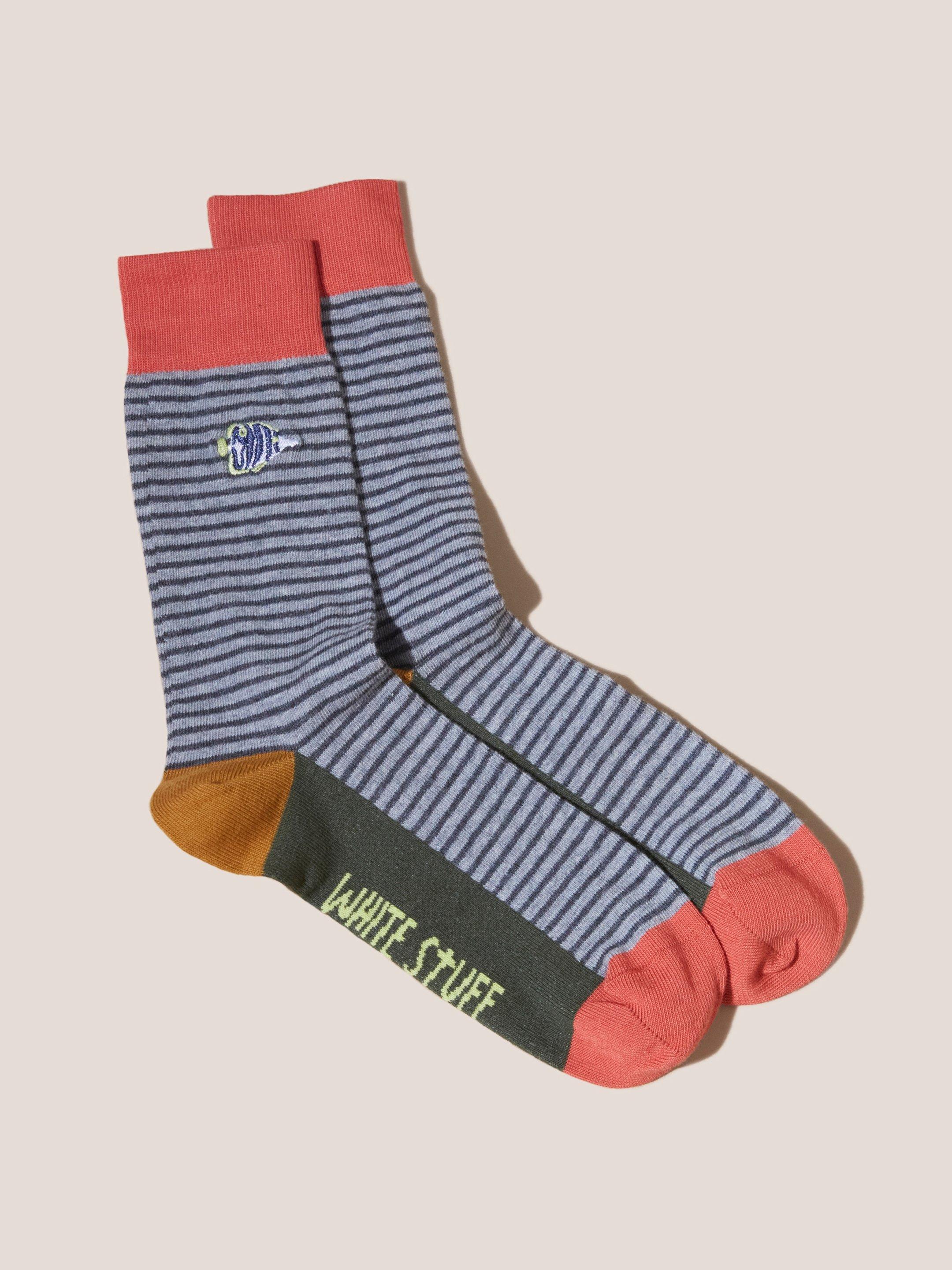 Embroidered Fish Stripe Socks in GREY MLT - MODEL FRONT