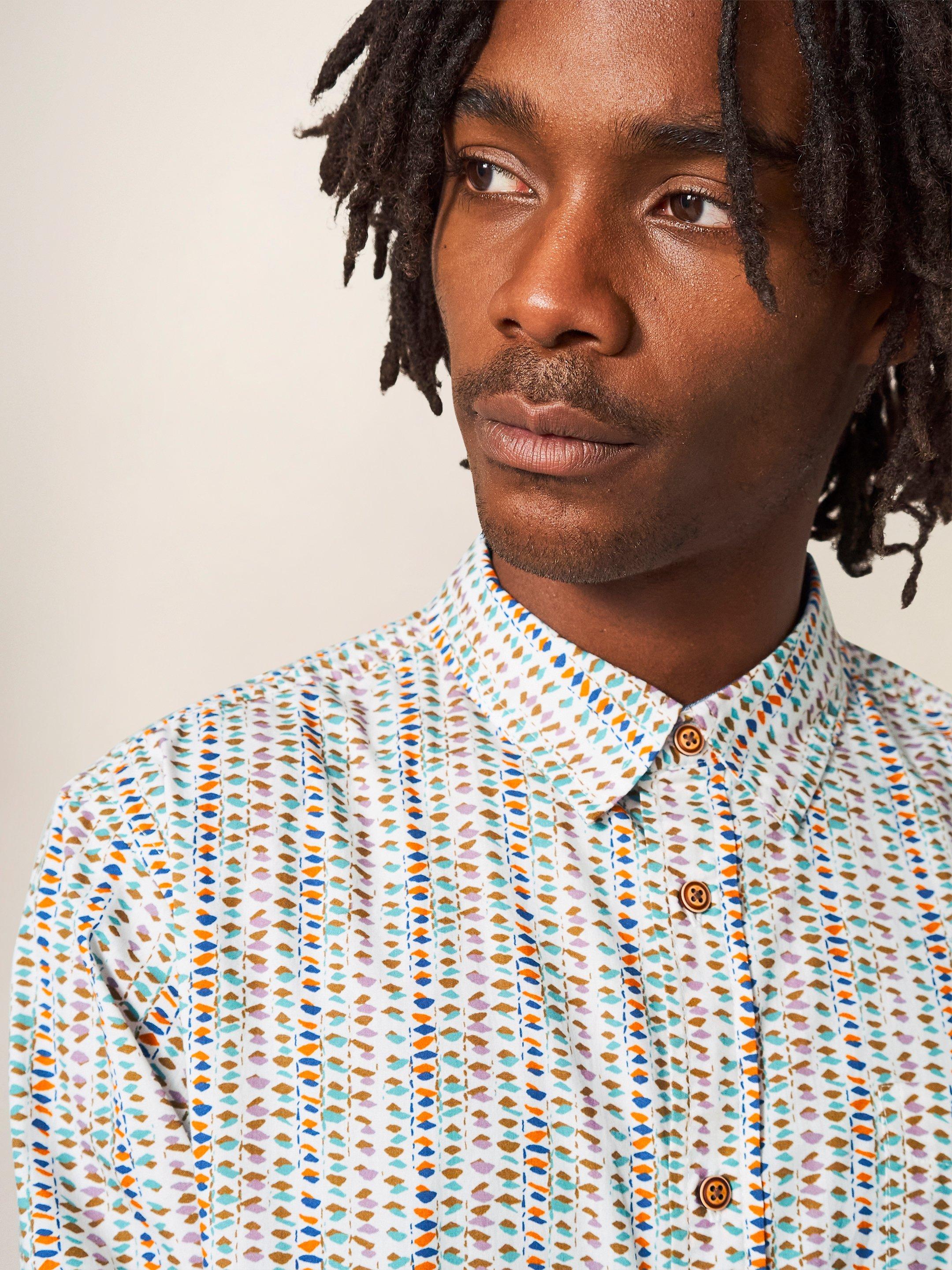 Warrick Abstract Printed Shirt in NAT MLT - MODEL DETAIL