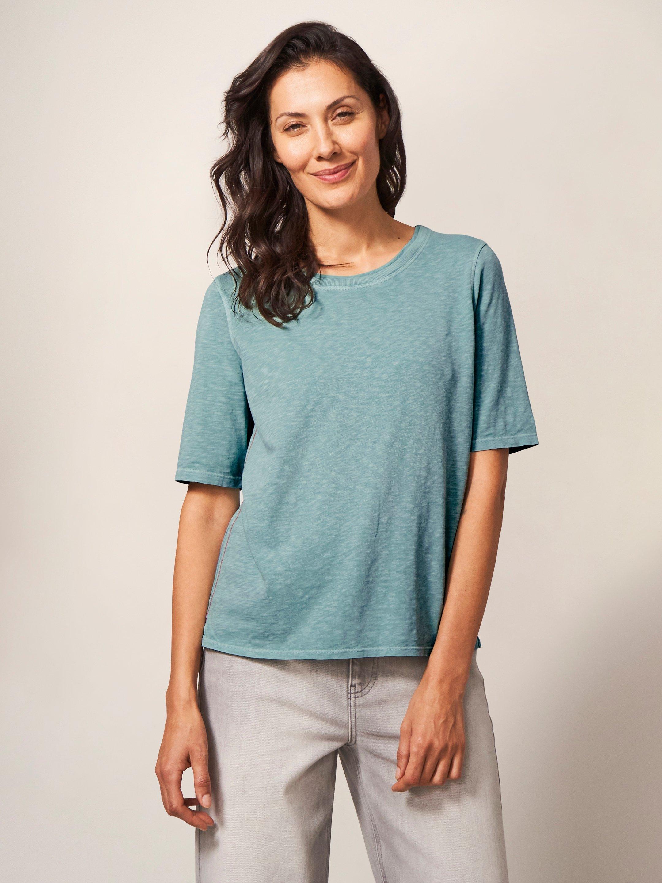 ANNABEL TEE in MID TEAL - MODEL FRONT