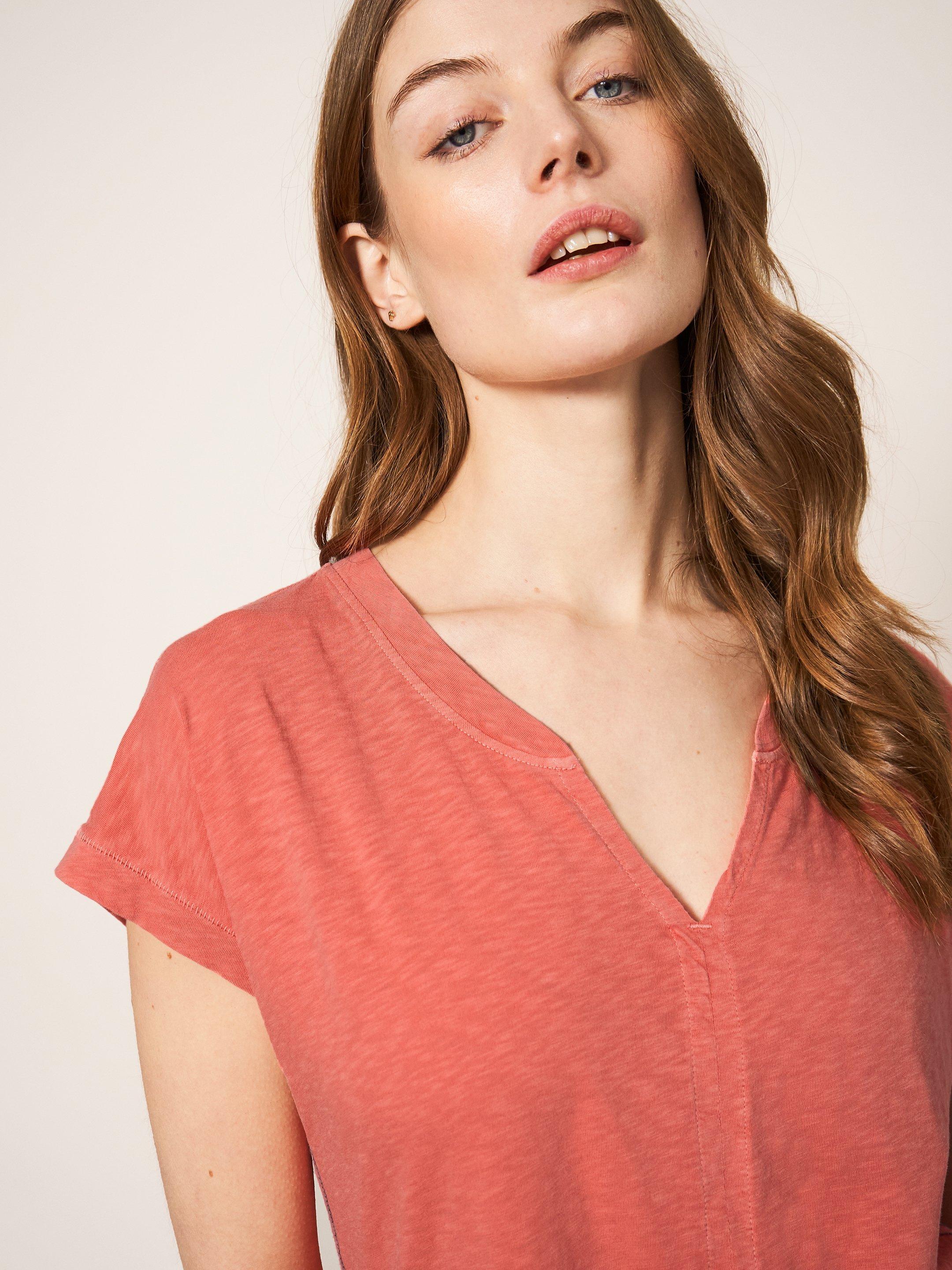 Nelly Notch Neck Tee in MID PINK - MODEL DETAIL