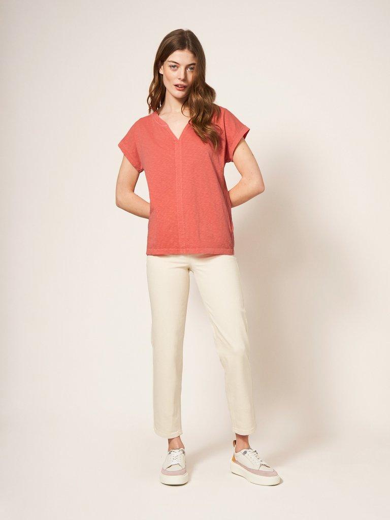 Nelly Notch Neck Tee in MID PINK - MODEL FRONT