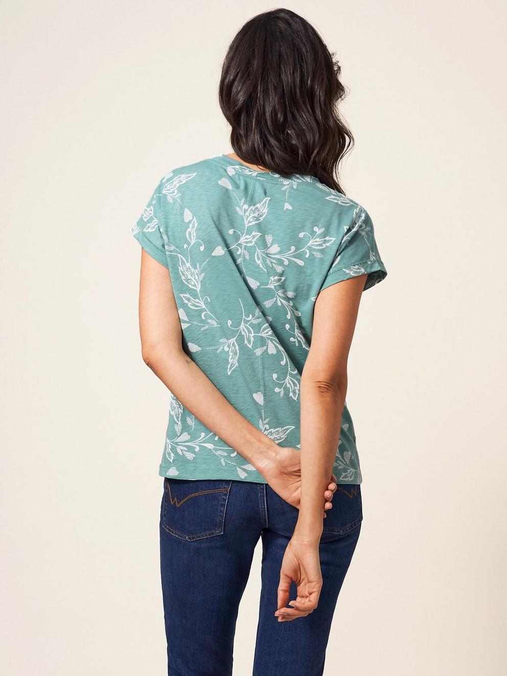 Nelly Notch Neck Tee in TEAL PR - MODEL BACK