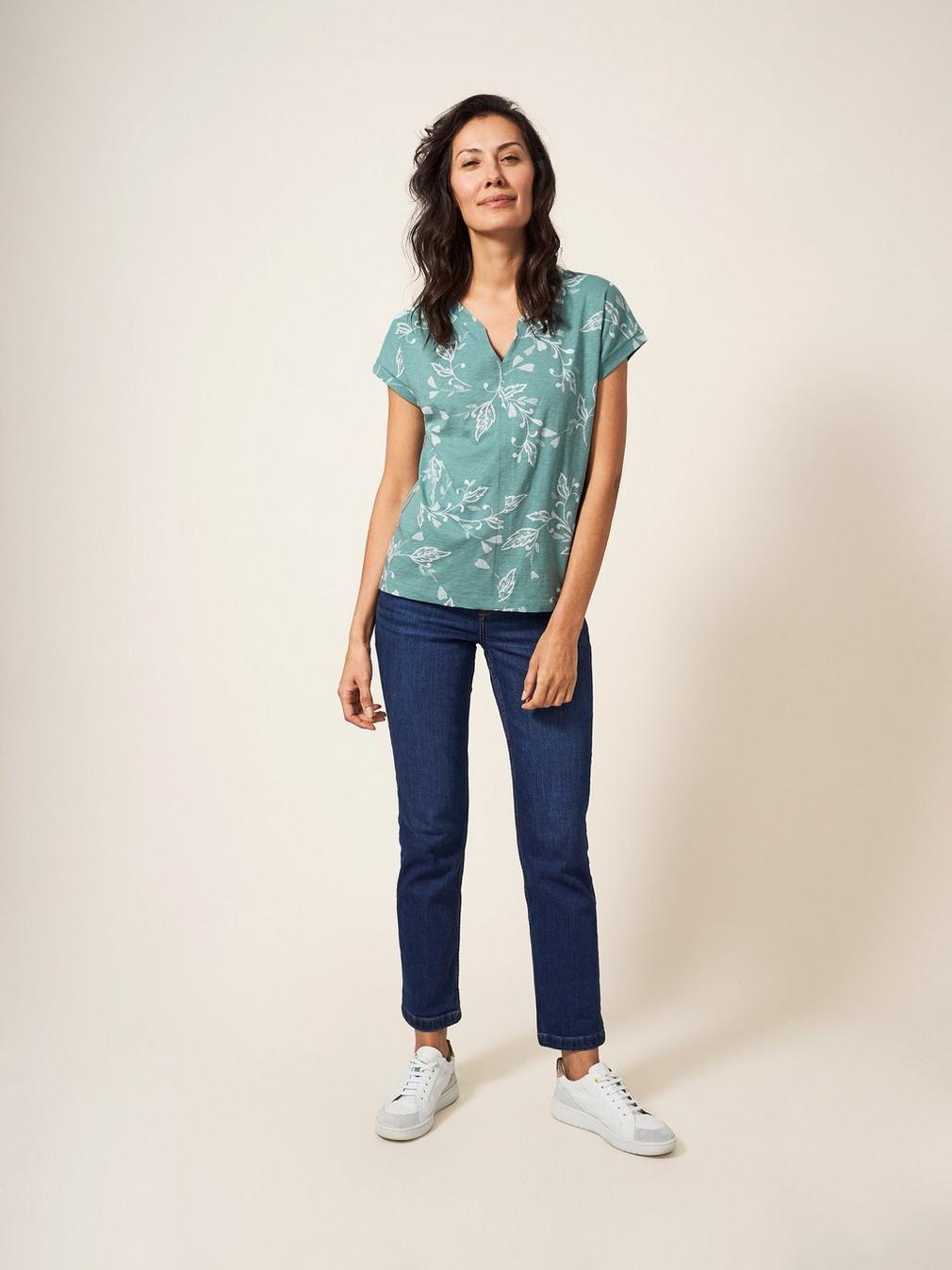 Nelly Notch Neck Tee in TEAL PR - MODEL FRONT
