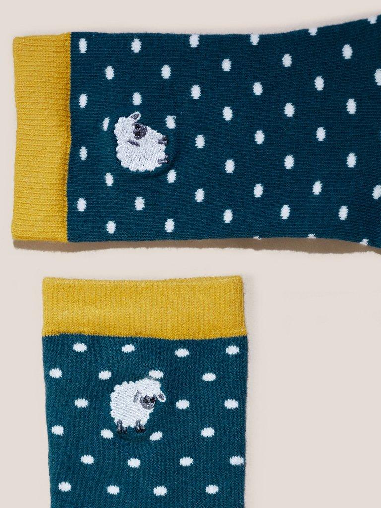 Embroidered Sheep Socks in TEAL MLT - FLAT DETAIL