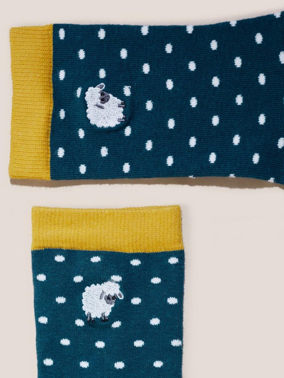 Embroidered Sheep Socks in TEAL MLT - FLAT DETAIL