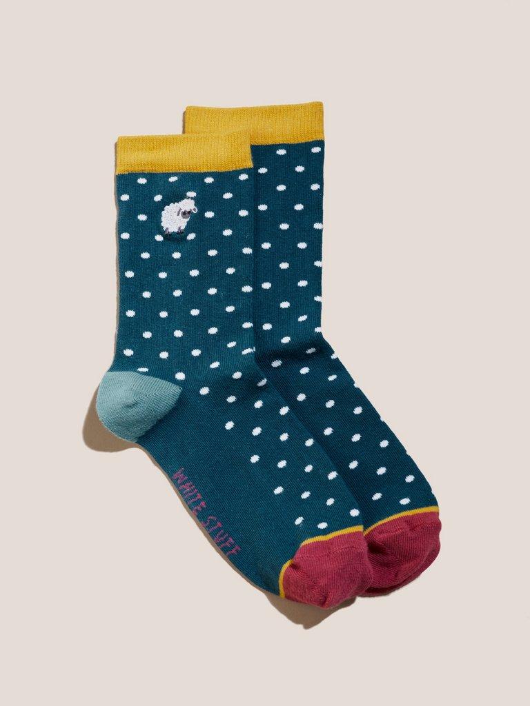 Embroidered Sheep Socks in TEAL MLT - FLAT FRONT