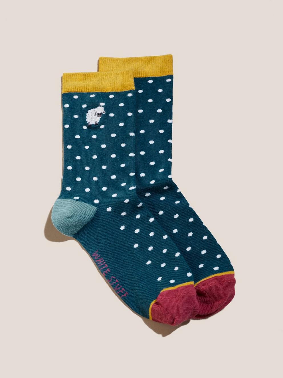 Embroidered Sheep Socks in TEAL MLT - FLAT FRONT