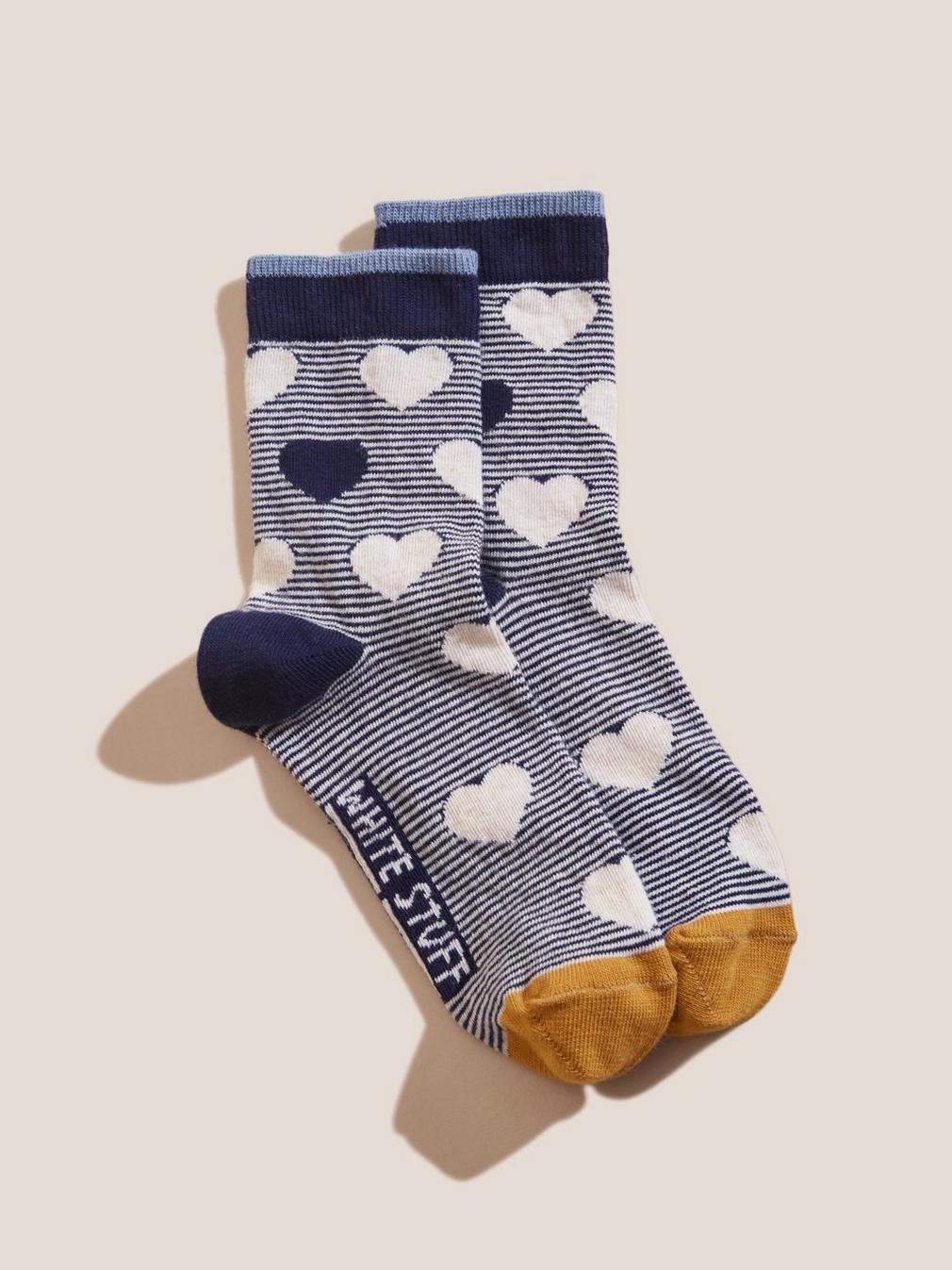 Heart Stripe Socks in BLUE MLT - MODEL FRONT