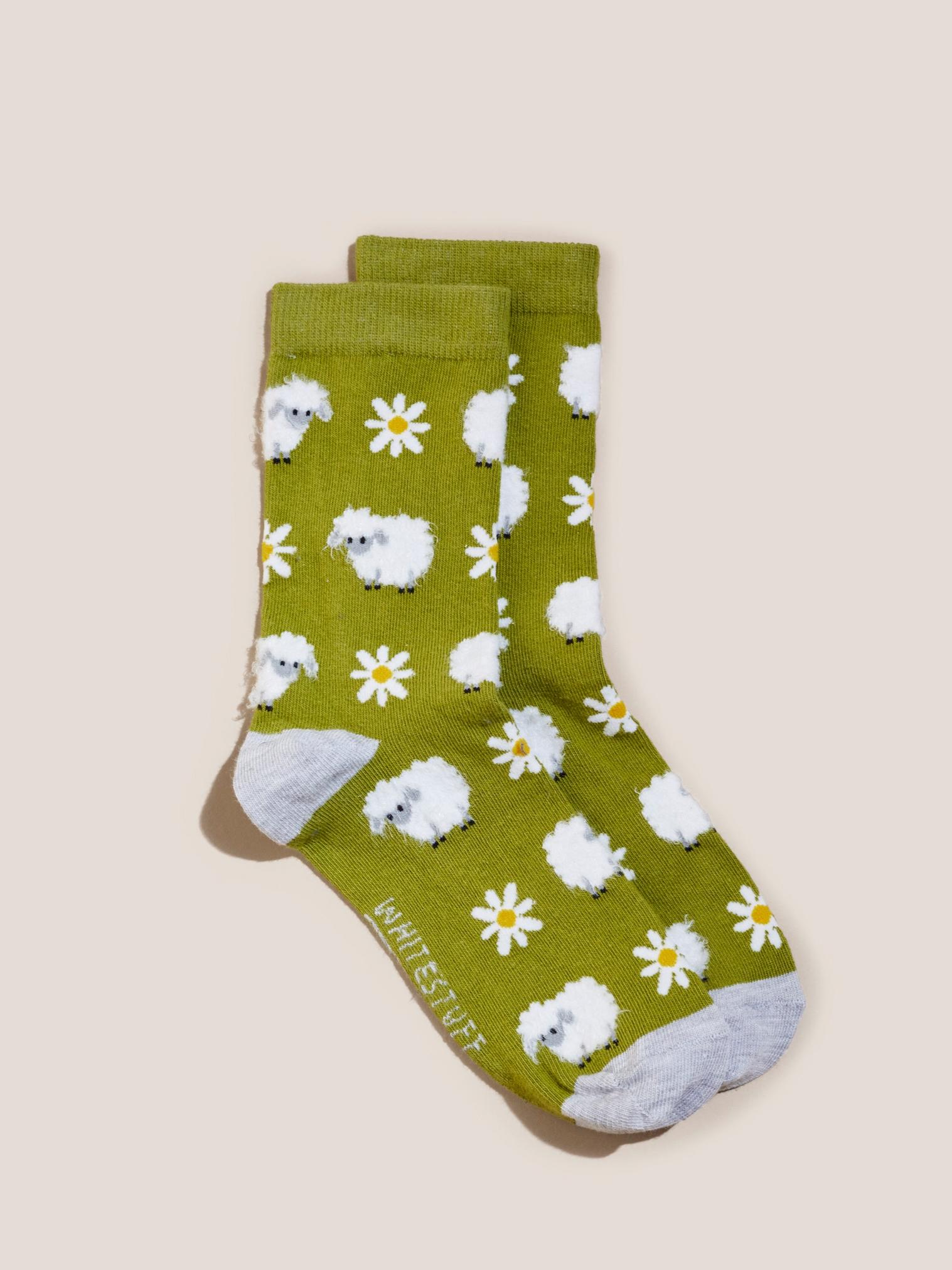 Fluffy Sheep Socks in GREEN MLT - FLAT FRONT