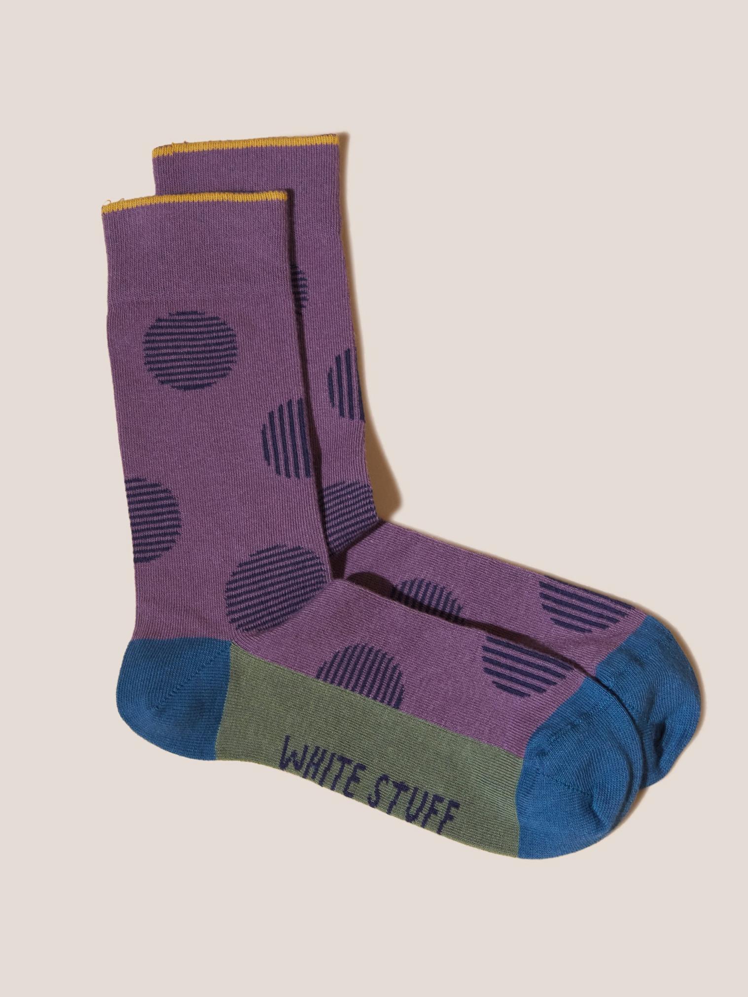 Large Spot Striped Socks in PURPLE MLT - MODEL FRONT