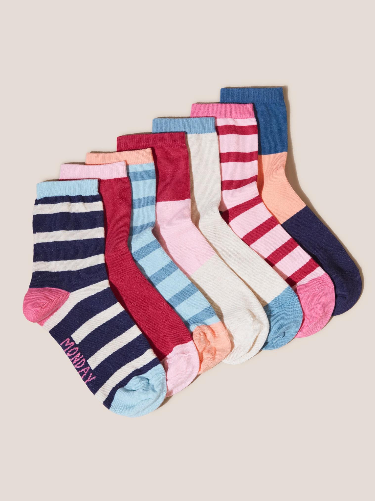 Seven Pack Stripe Mix Socks in BLUE MLT - MODEL FRONT