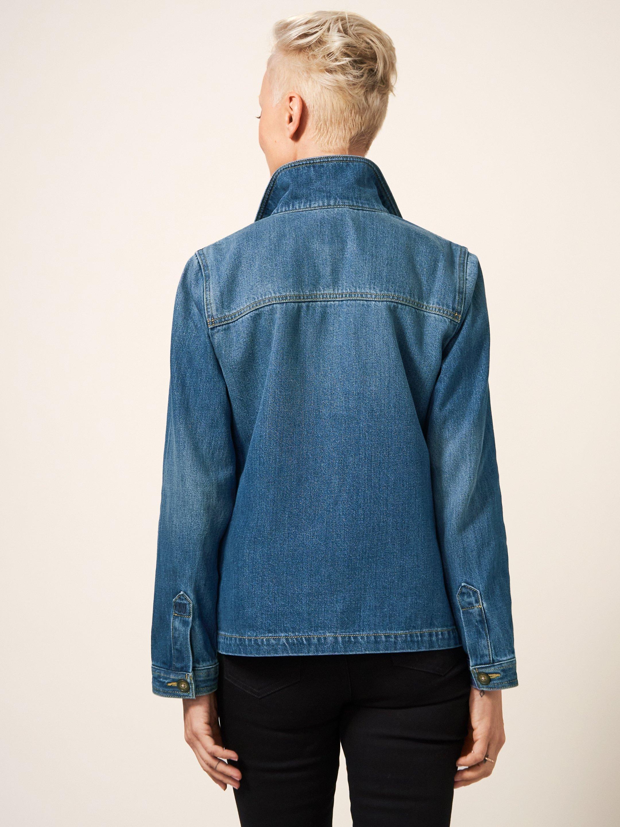 Carrie Denim Cotton Jacket in MID DENIM - MODEL BACK