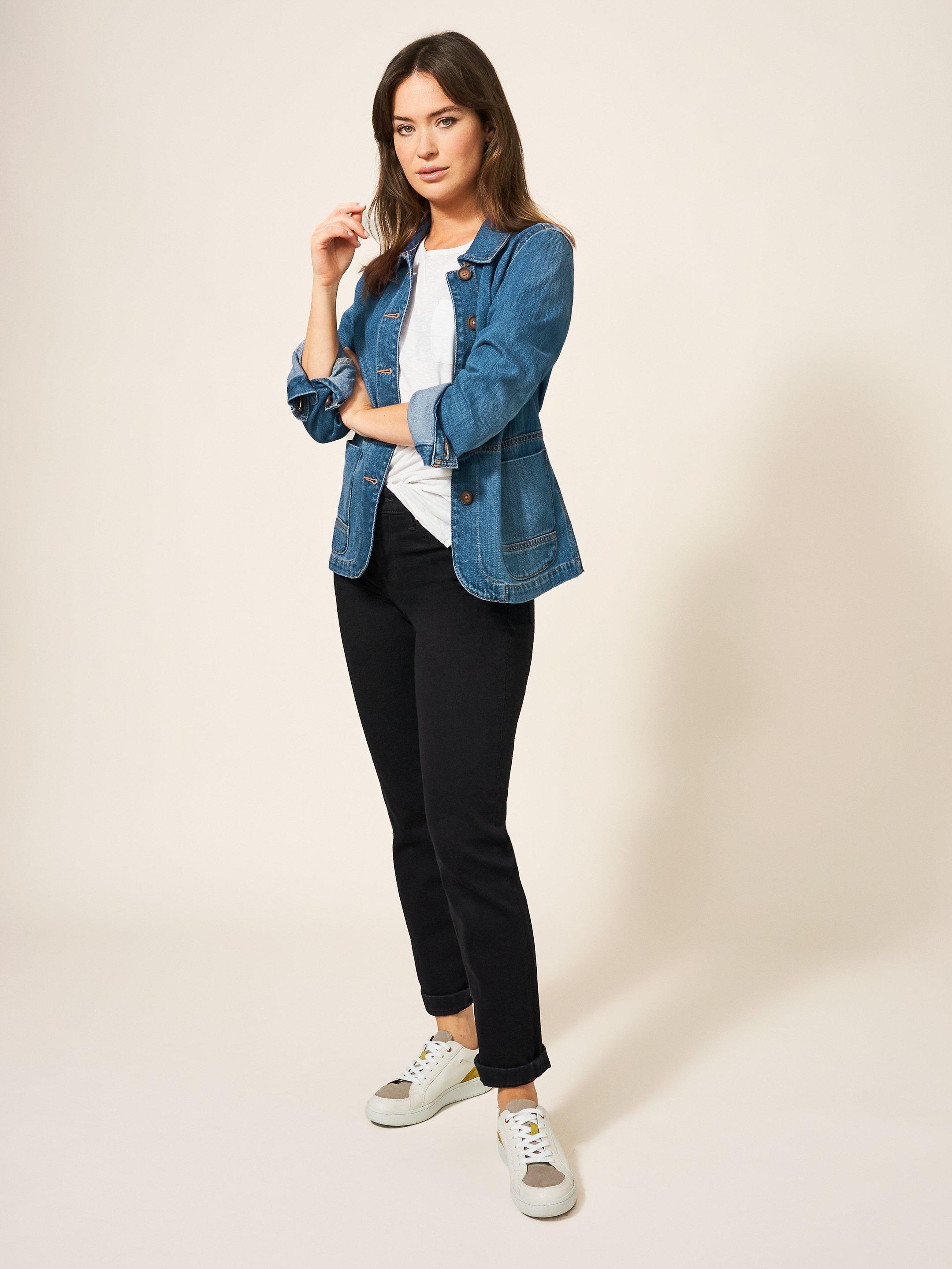 Carrie Denim Cotton Jacket in MID DENIM - MODEL FRONT