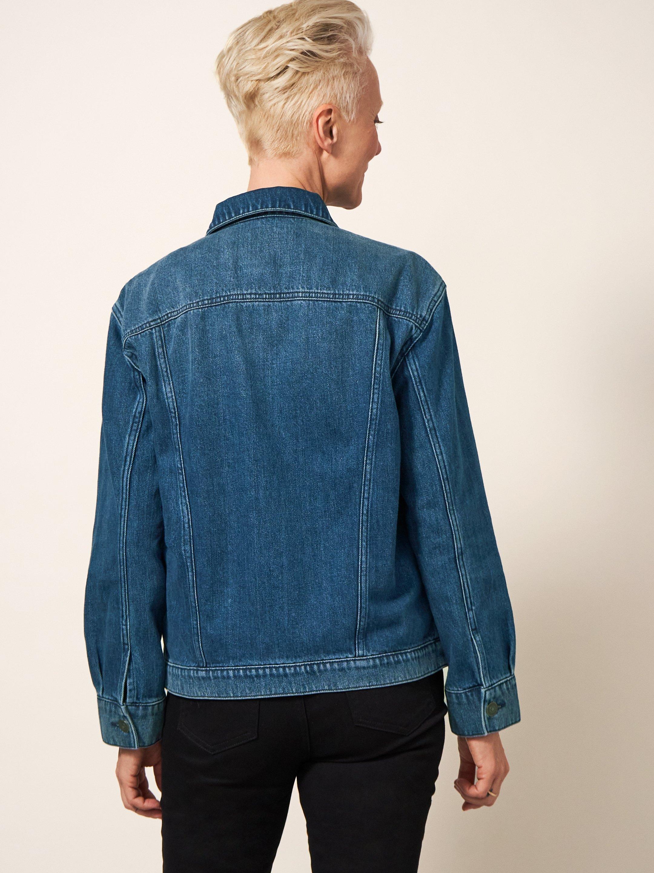 Dayton Denim Cotton Jacket in MID DENIM - MODEL BACK