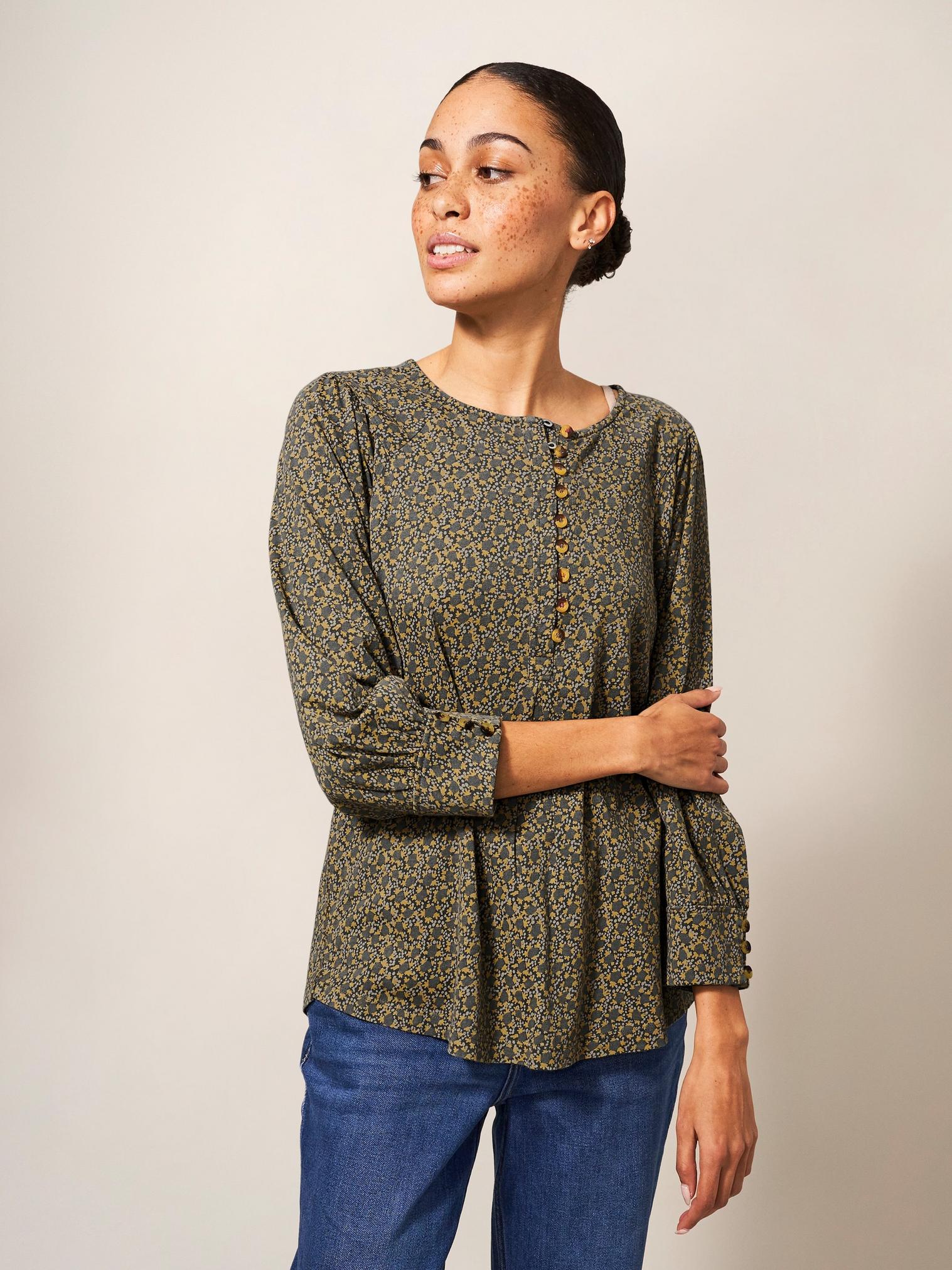 Angelise Top Button Through in GREY MULTI - LIFESTYLE