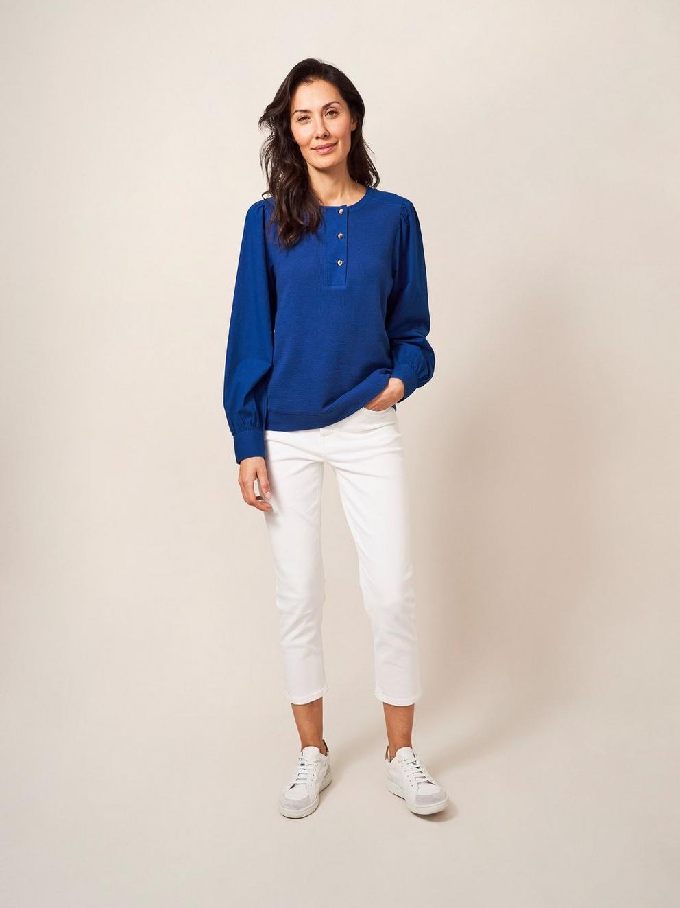 Honey Mix Media Top in MID BLUE - MODEL FRONT