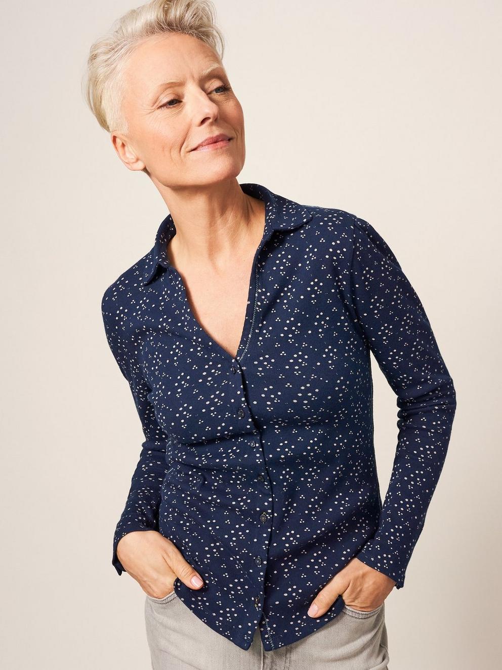 Rosie Rib Jersey Shirt in NAVY PR - MODEL DETAIL