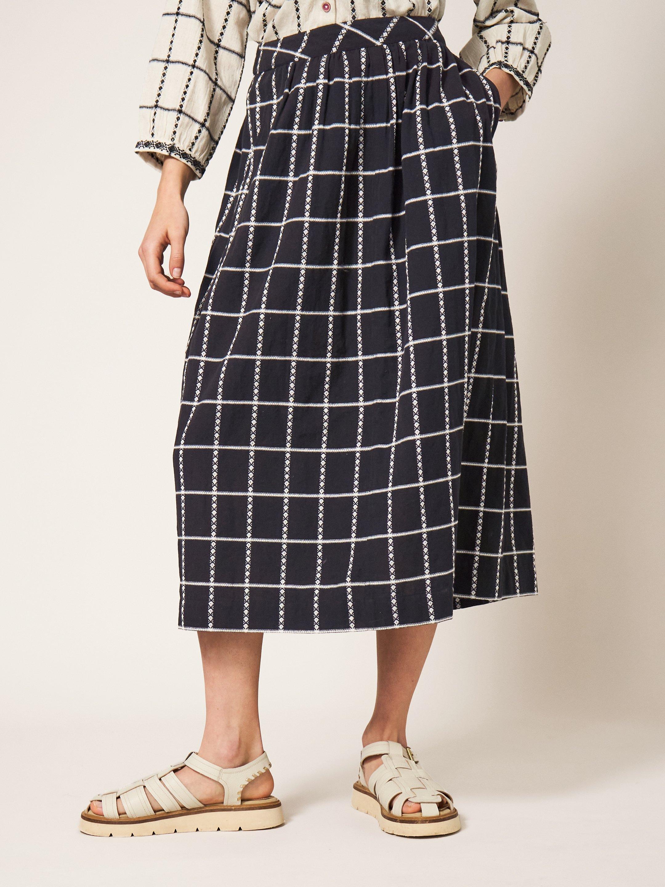 Anya Check Midi Skirt in BLK MLT - MODEL FRONT