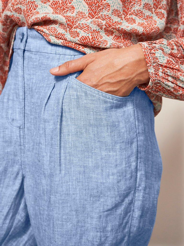 Rowena Linen Trouser in CHAMB BLUE - MODEL DETAIL