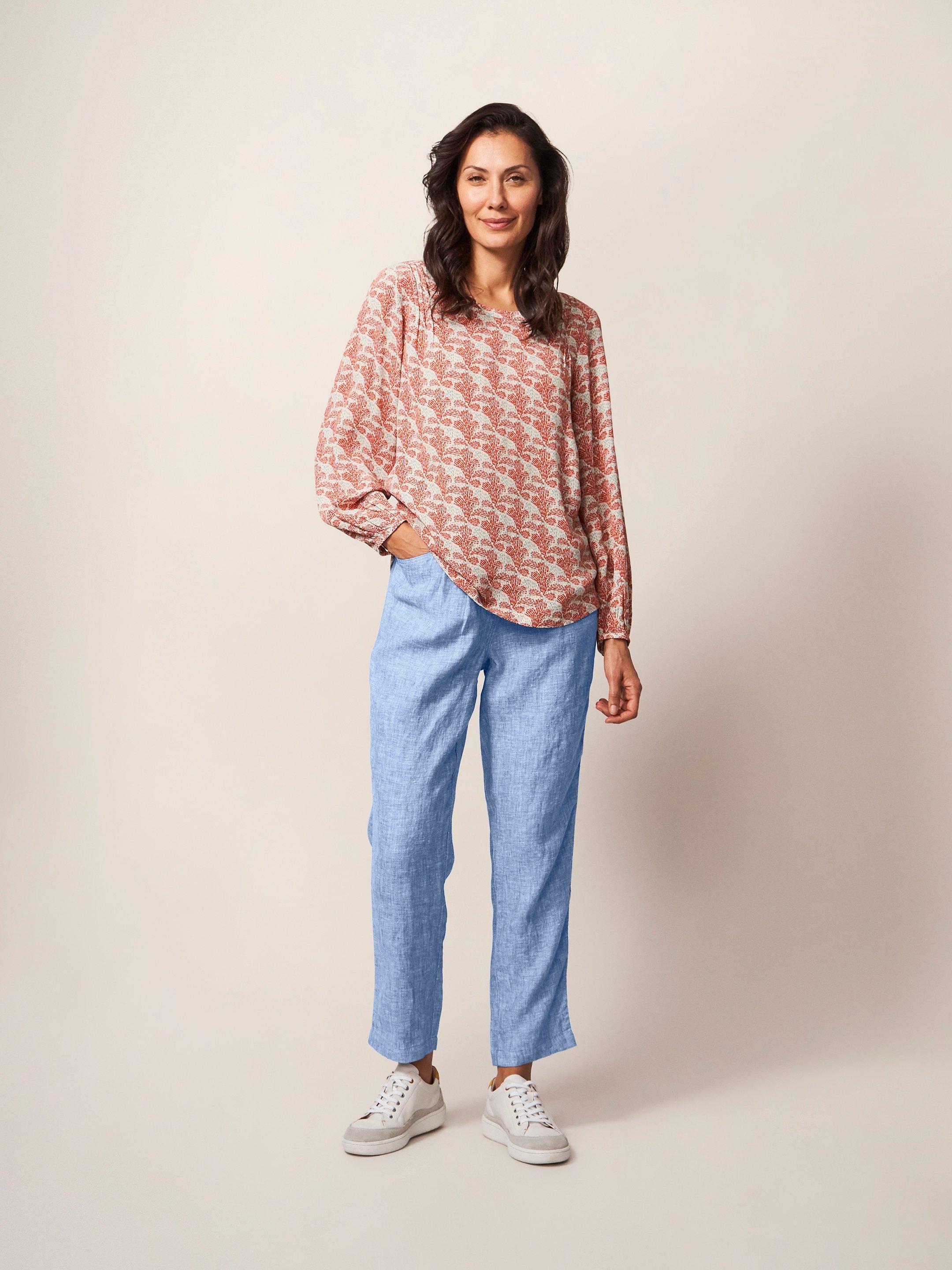 Rowena Linen Trouser in CHAMB BLUE - MODEL FRONT