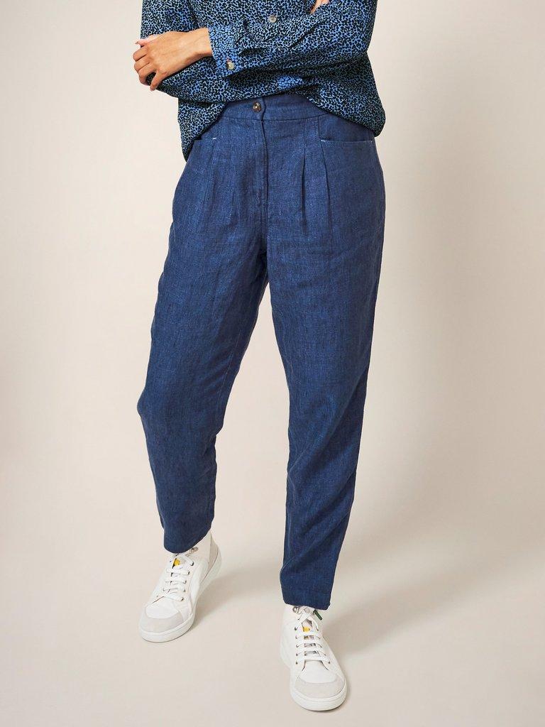 Rowena Linen Trouser in DARK NAVY - MODEL FRONT