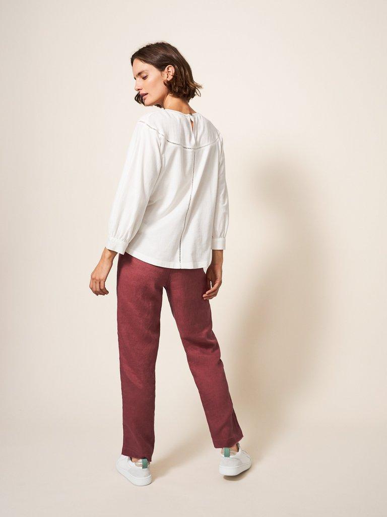 Rowena Linen Trouser in DK PLUM - MODEL BACK