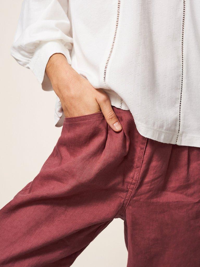 Rowena Linen Trouser in DK PLUM - MODEL DETAIL