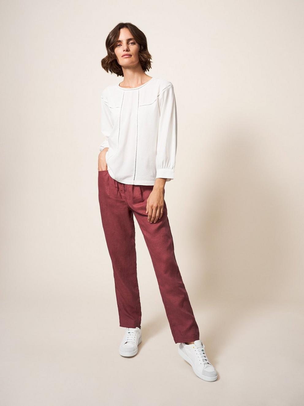 Rowena Linen Trouser in DK PLUM - MODEL FRONT