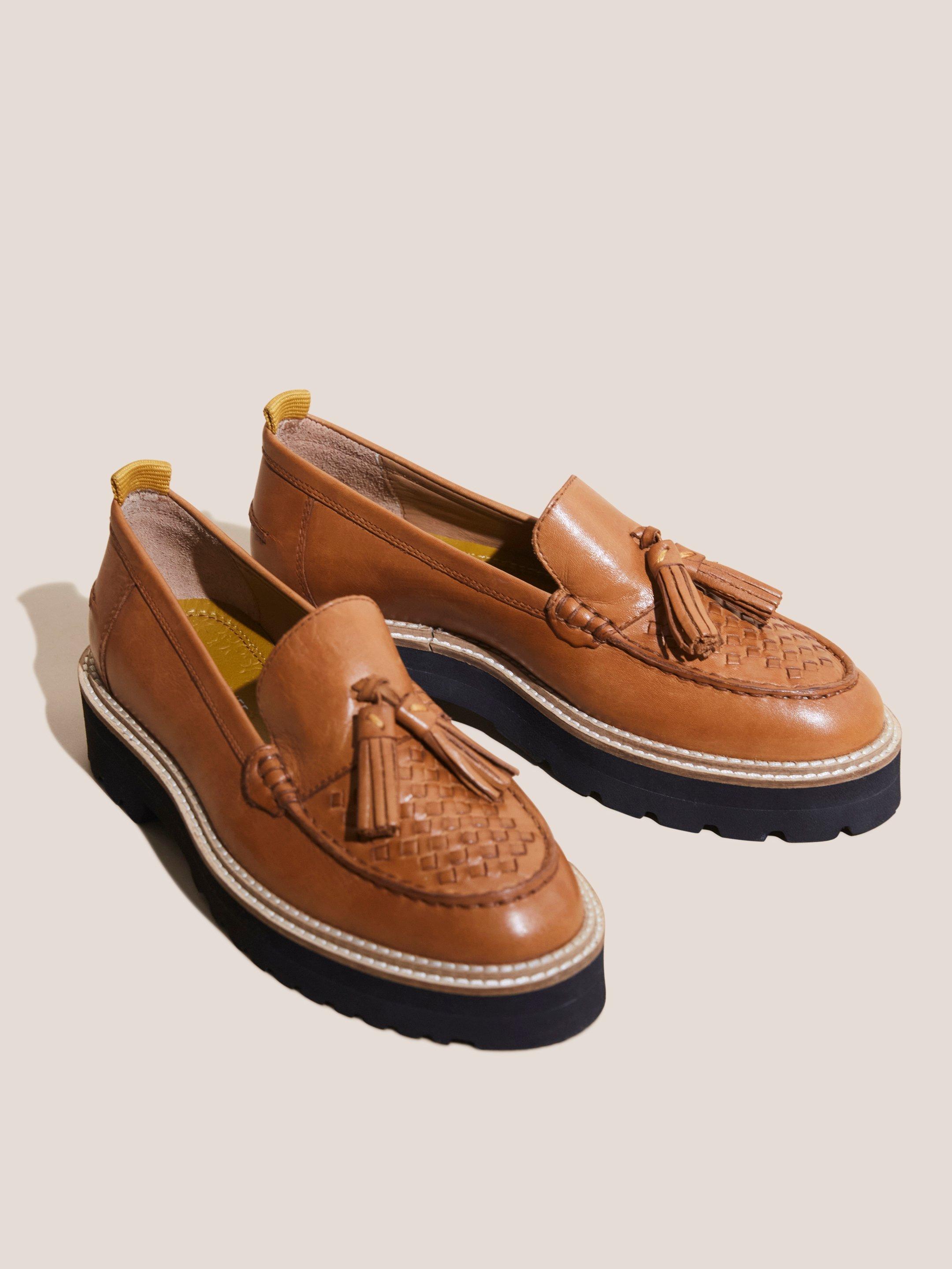 Chunky Leather Woven Loafer in TAN MULTI - FLAT FRONT