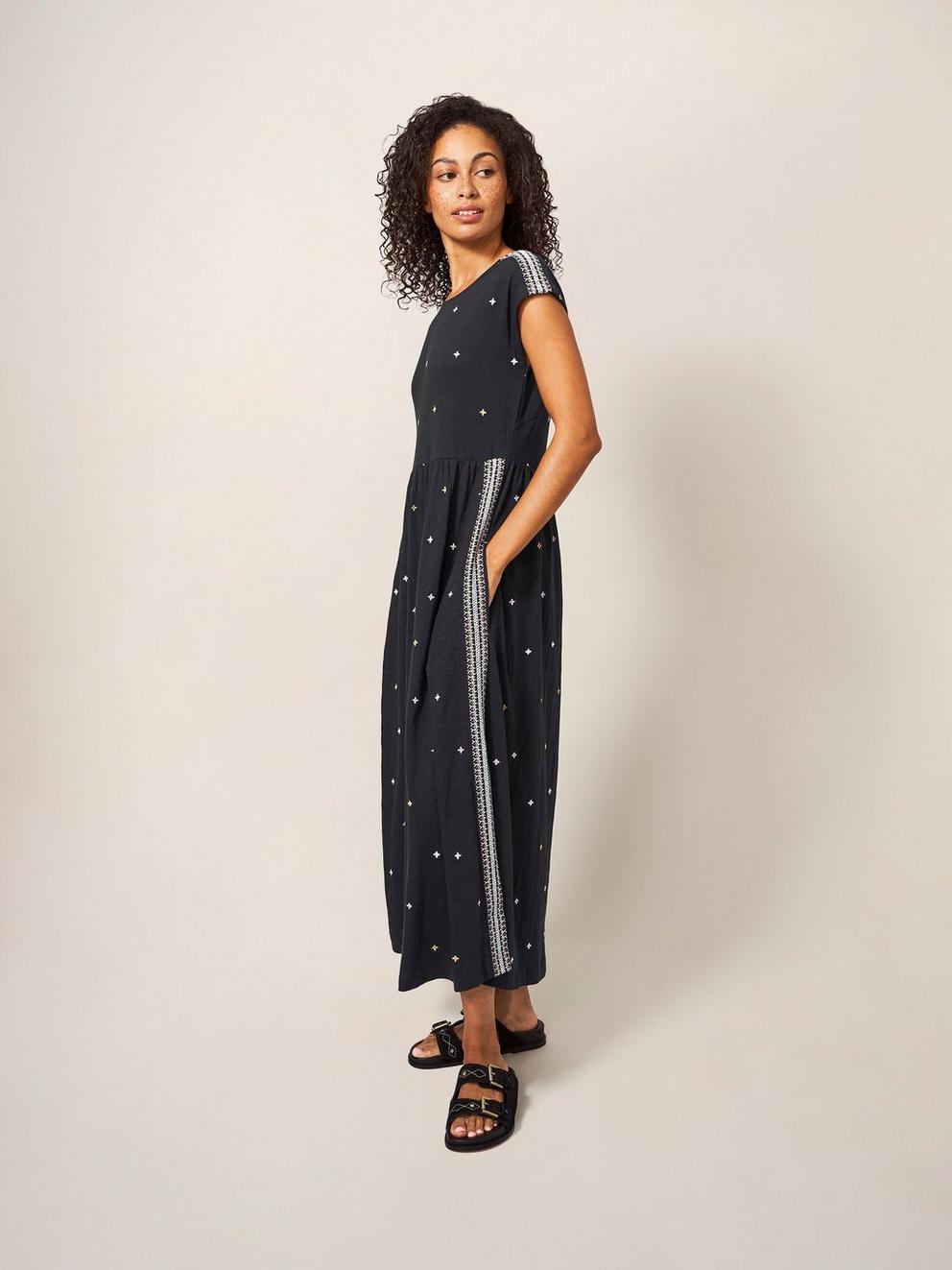 Addison Embroidered Dress in GREY MLT - MODEL FRONT