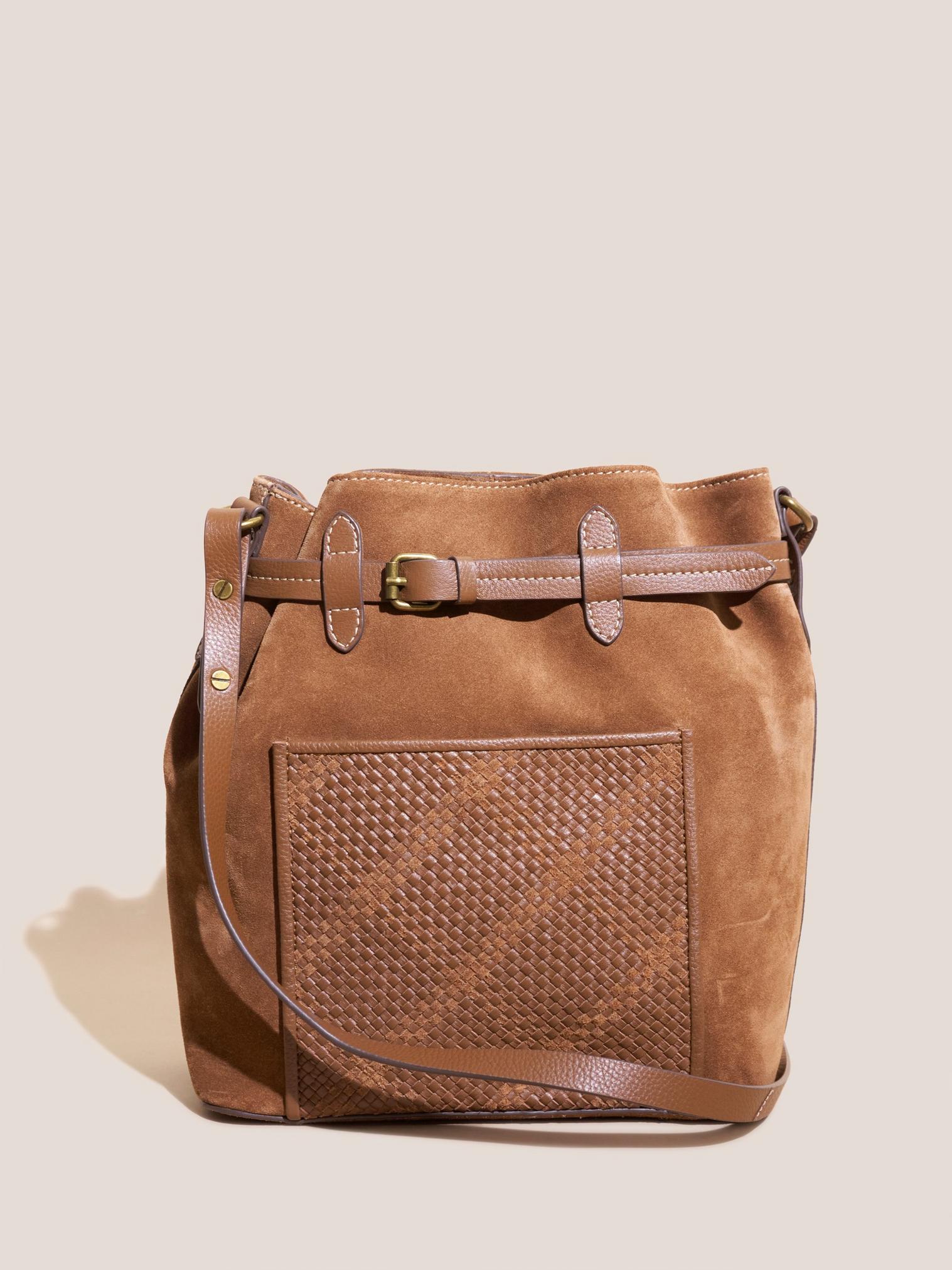 Woven Bucket Bag in MID TAN - MODEL FRONT
