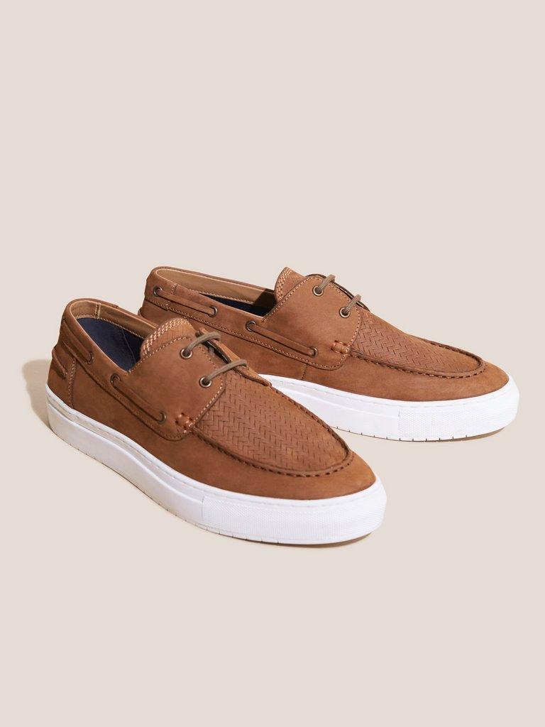 Leather Woven Boat Shoe in MID TAN - FLAT FRONT