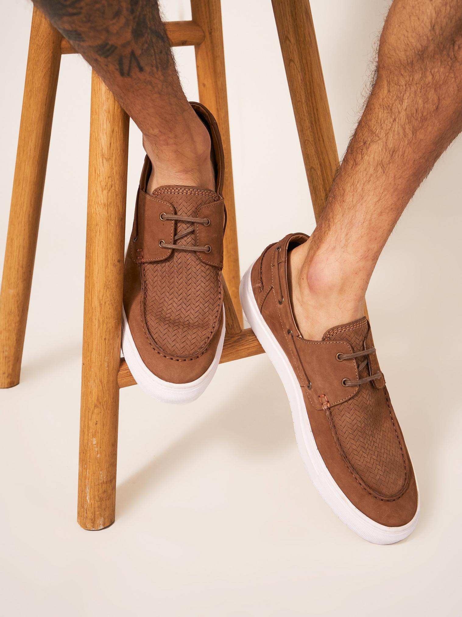 Leather Woven Boat Shoe in MID TAN - LIFESTYLE