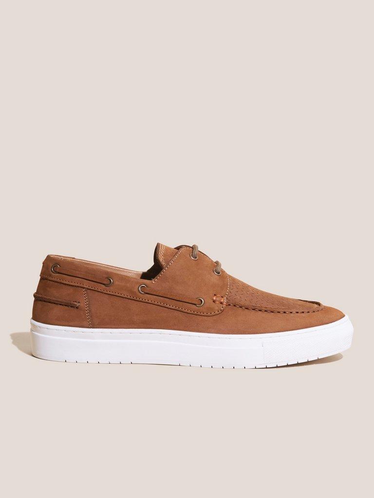 Leather Woven Boat Shoe in MID TAN - MODEL FRONT