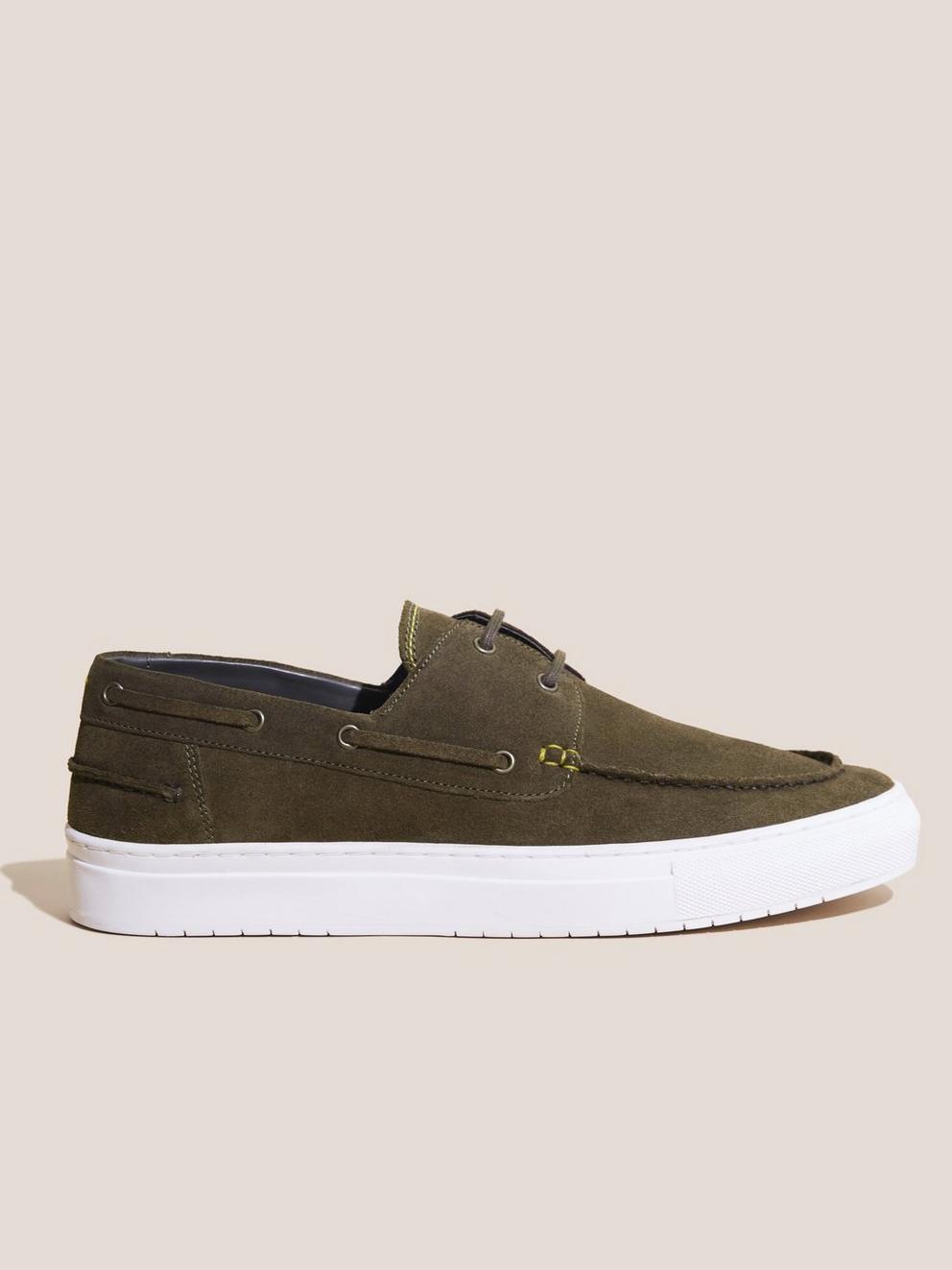 Suede Boat Shoe in KHAKI GRN - MODEL FRONT