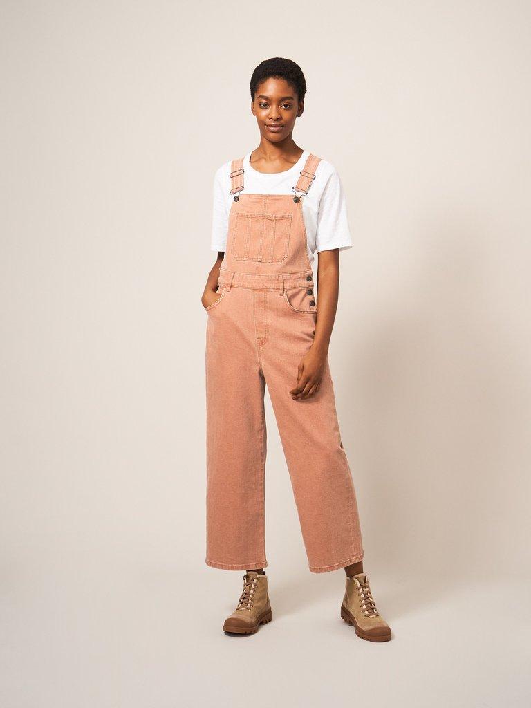 Kelly Casual Wide Leg Dungarees in MID CORAL - MODEL DETAIL